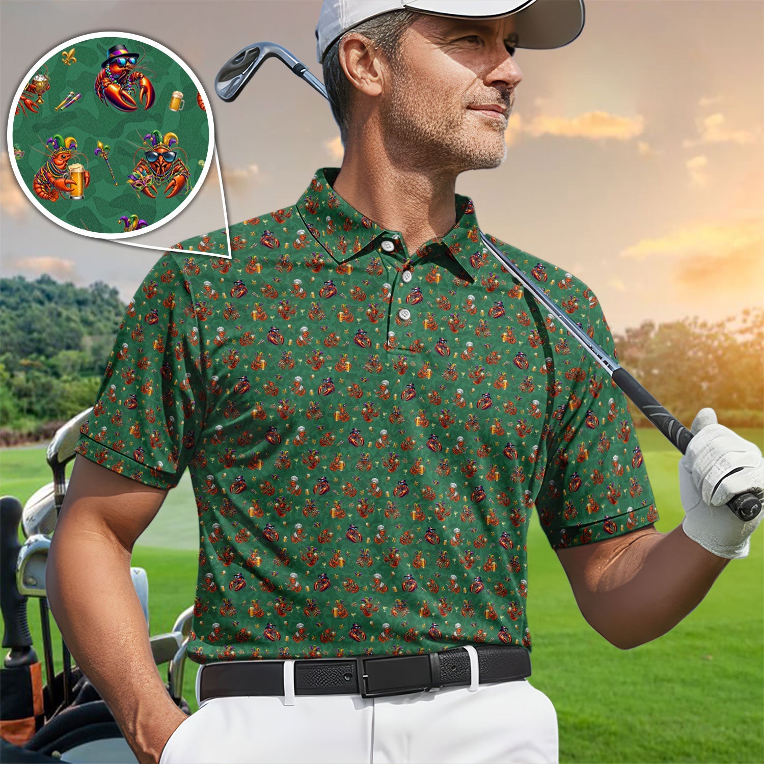 Funny Crawfish Mardi Gras Pattern Golf Shirt, Beer Crawdad Golf Polos For Golfer, Golf Gift For Men