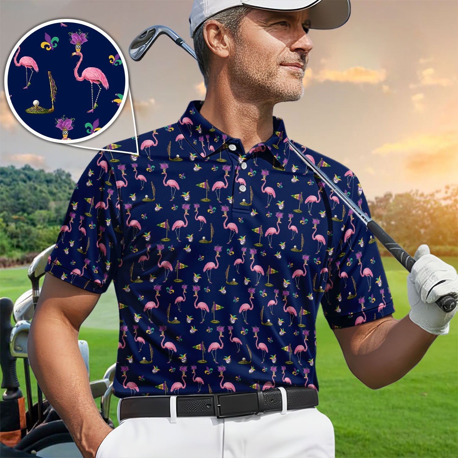 Flamingo Mardi Gras Golf Polos For Golfer, Funny Holiday Pattern Golf Shirt, Golf Gift For Men