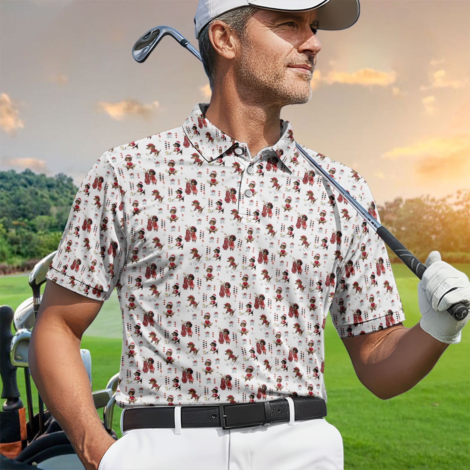 Funny Dachshund Christmas Golf Shirt, Cute Wiener Dog Pattern Polos, Festive Holiday Golf Shirt Gift For Men Golfers