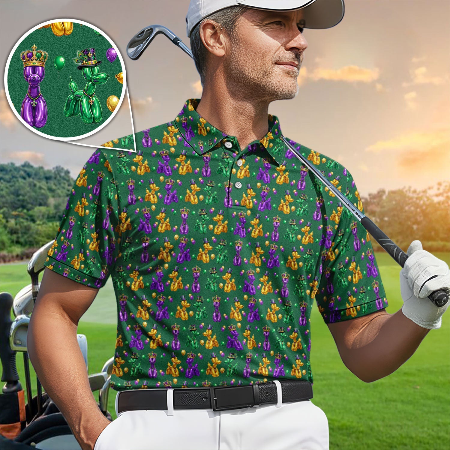 Mardi Gras Bead Dogs Golf Polos For Golfer, Festival Pattern Golf Shirt, Golf Gift For Men