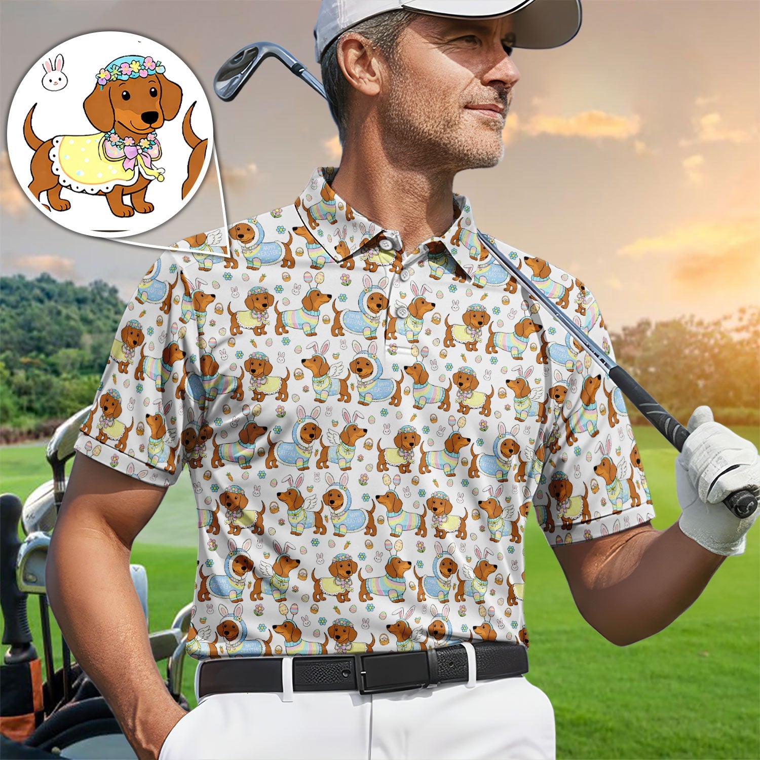 Dachshund Happy Easter Golf Polos, Easter Wiener Dog Pattern Golf Shirt, Golf Gift For Golfer