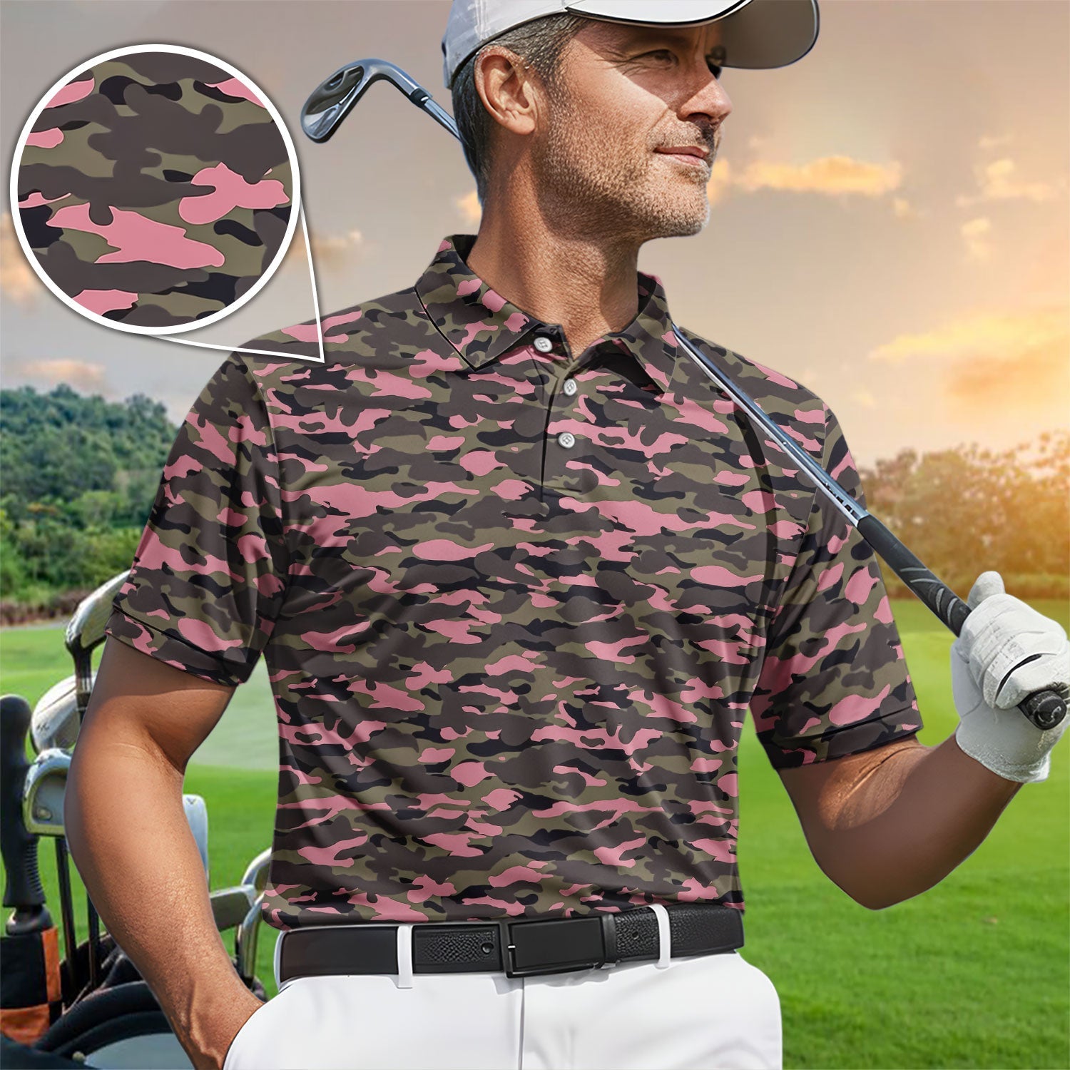 Pink Camo Pattern Golf Shirt, Crazy Golf Polos For Golfer, Men Golf Gift