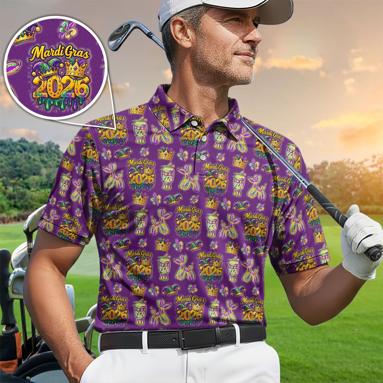 Mardi Gras 2026 Golf Polos For Golfer, Festive Crown Mask Pattern Golf Shirt, Golf Gift For Men