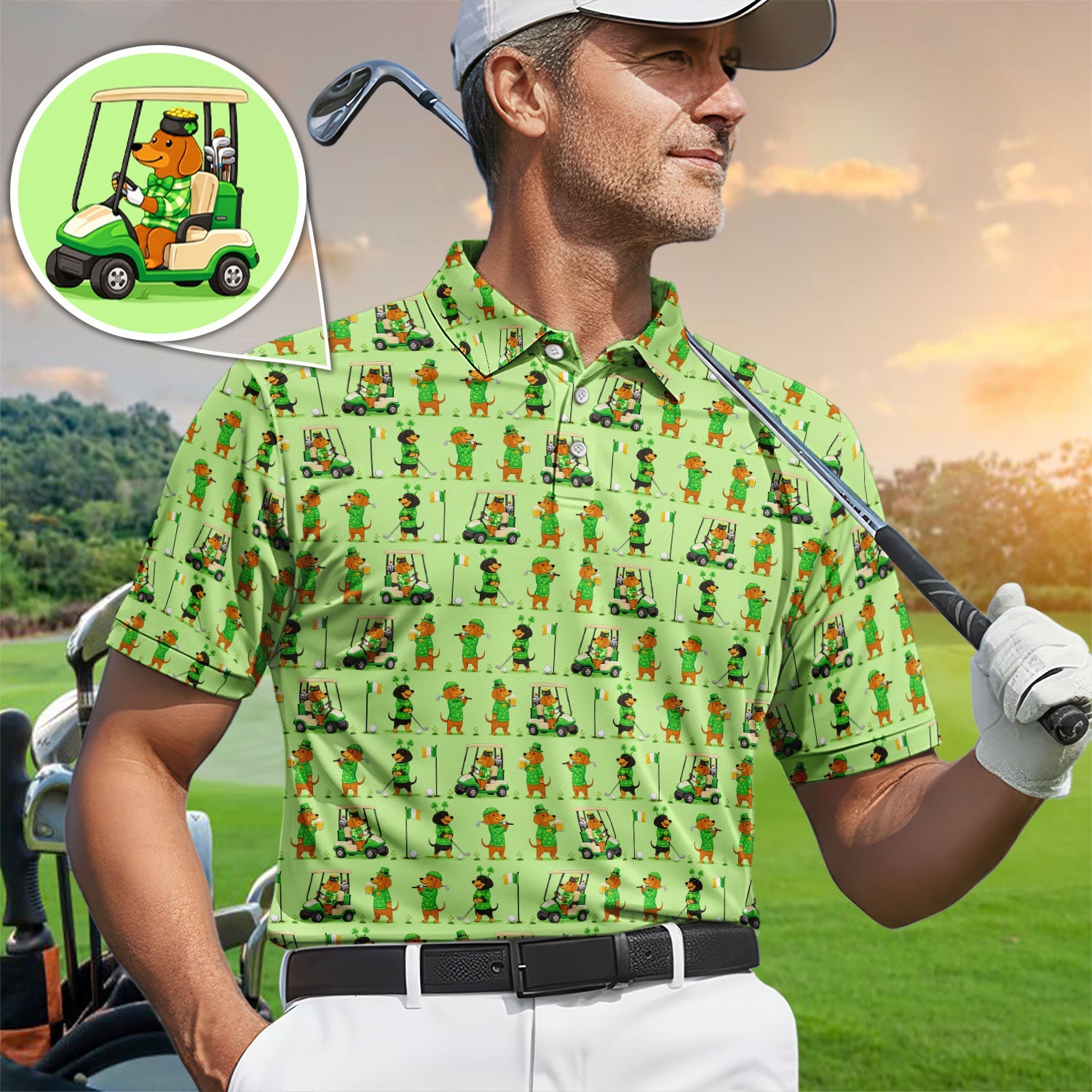 St. Patrick’s Day Dachshund Pattern Golf Polos, Funny Irish Wiener Dog Golf Shirt For Men, Golf Gift For Golfer