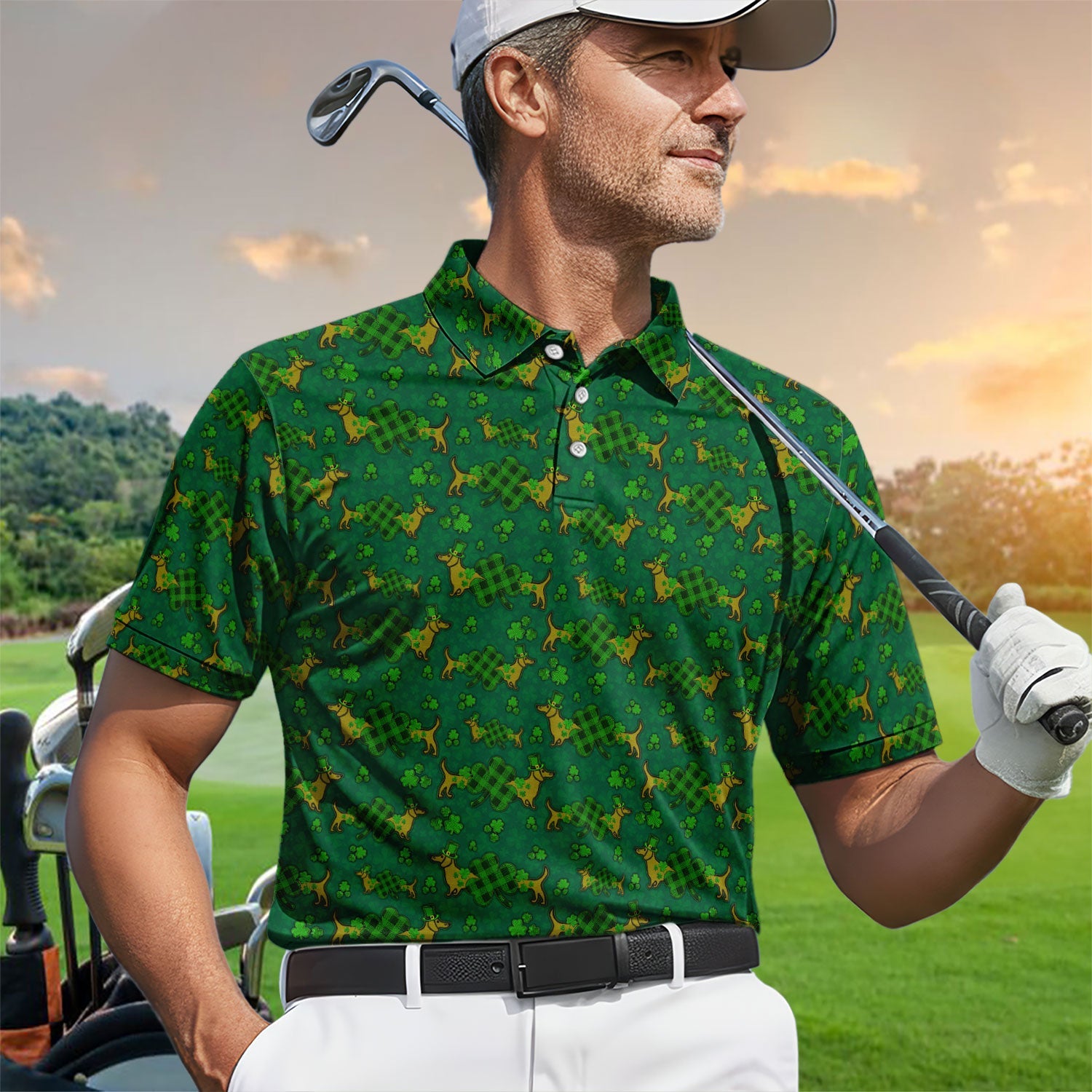 St. Patrick’s Day Golf Polos, Funny Dachshund Shamrock Golf Shirt For Men, Crazy Golf Gift For Golfer