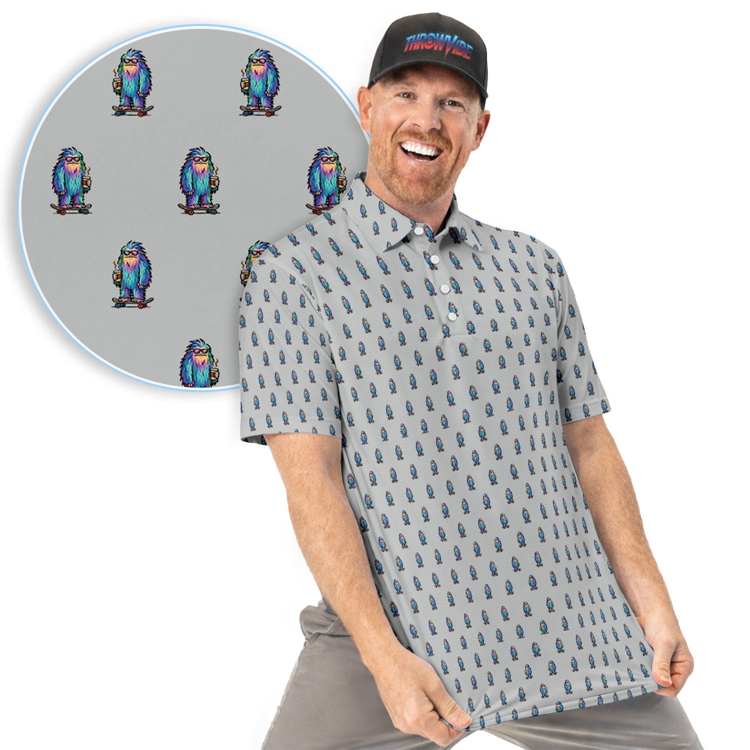 Funny Yeti Pattern Golf Polos, Bigfoot Coffee Skateboard Golf Shirt, Crazy Golf Shirts For Men