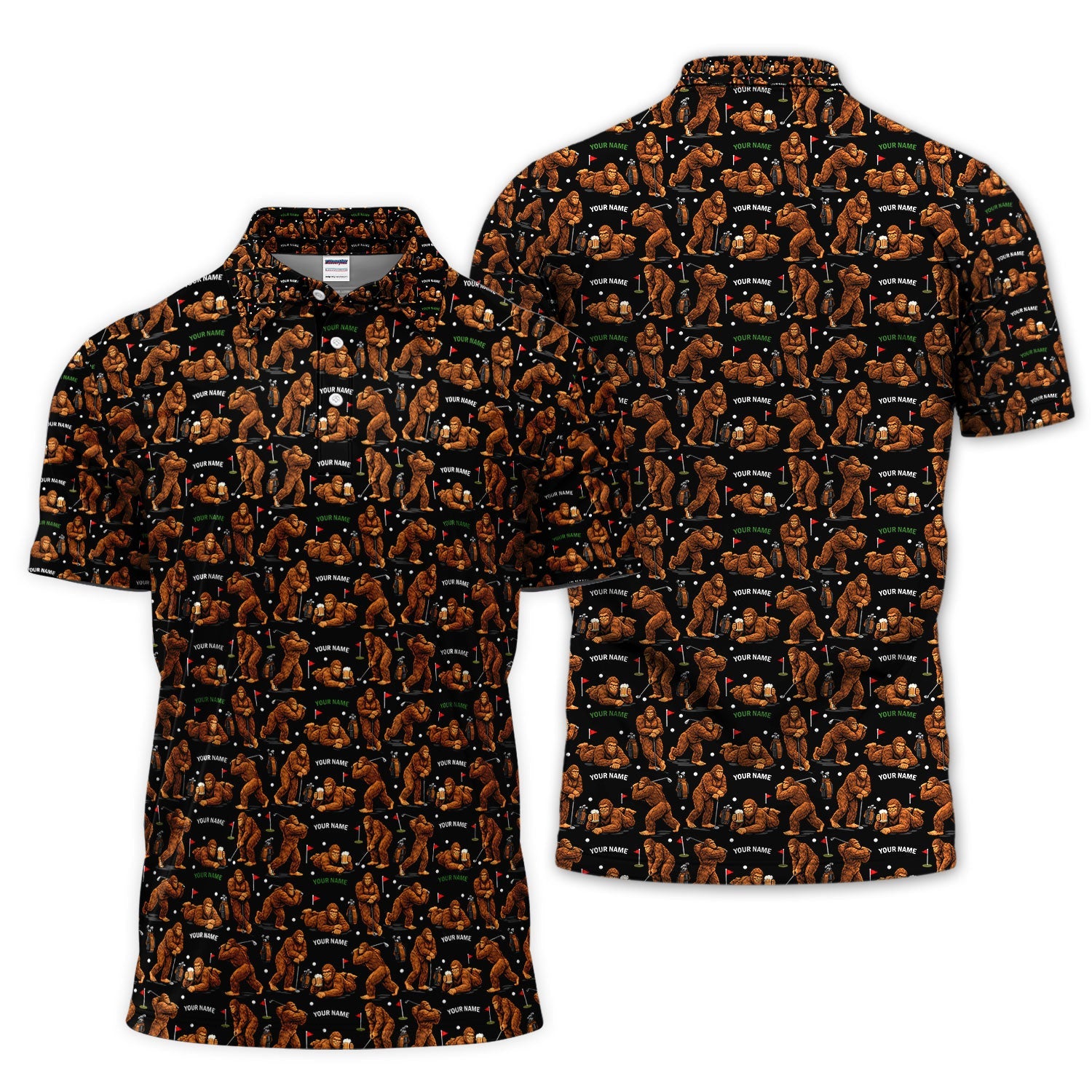 Personalized Bigfoot Pattern Golf Polos, Crazy Bigfoot Golf Shirt For Men, Funny Golf Shirt