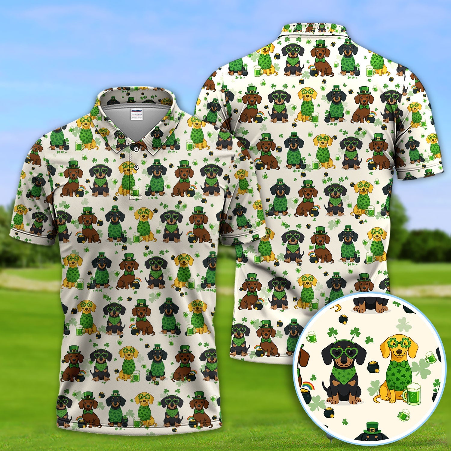 St. Patrick’s Day Dachshund Dog Pattern Golf Shirt, Funny Shamrock Dog Golf Polos For Men, Golf Gift For Golfer