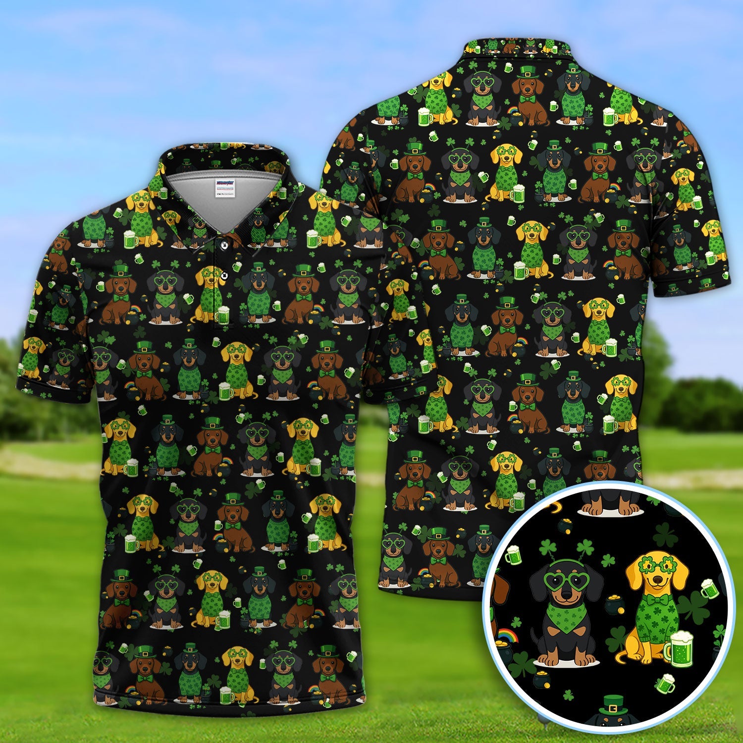 St. Patrick’s Day Dachshund Dog Pattern Golf Shirt, Funny Shamrock Dog Golf Polos For Men, Golf Gift For Golfer