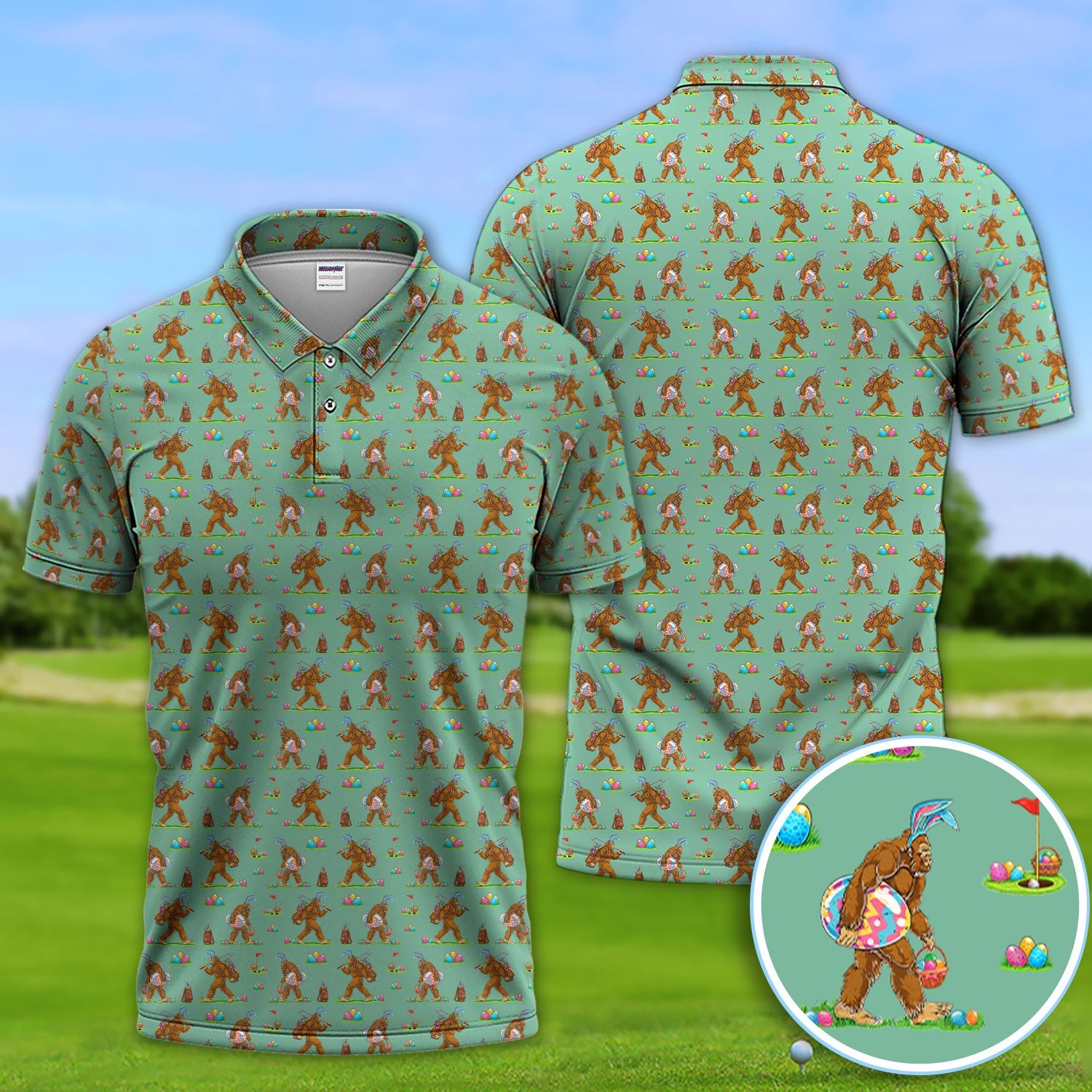 Bigfoot Easter Pattern Golf Polos, Bunny Sasquatch Golf Shirt For Men, Easter Day Shirt For Golfer