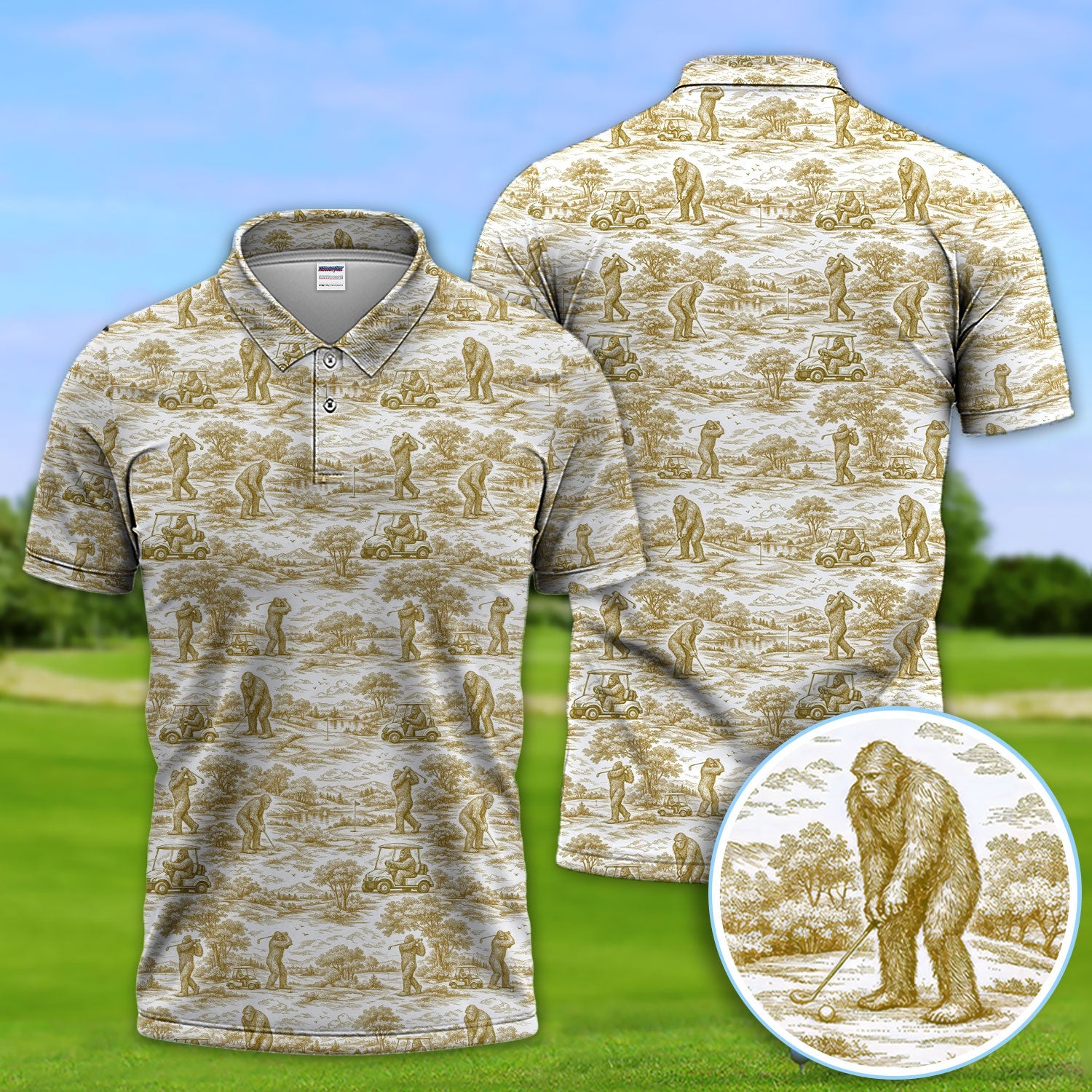 Crazy Bigfoot Pattern Golf Polos, Funny Sasquatch Golf Shirt For Men, Golf Gift For Golfer