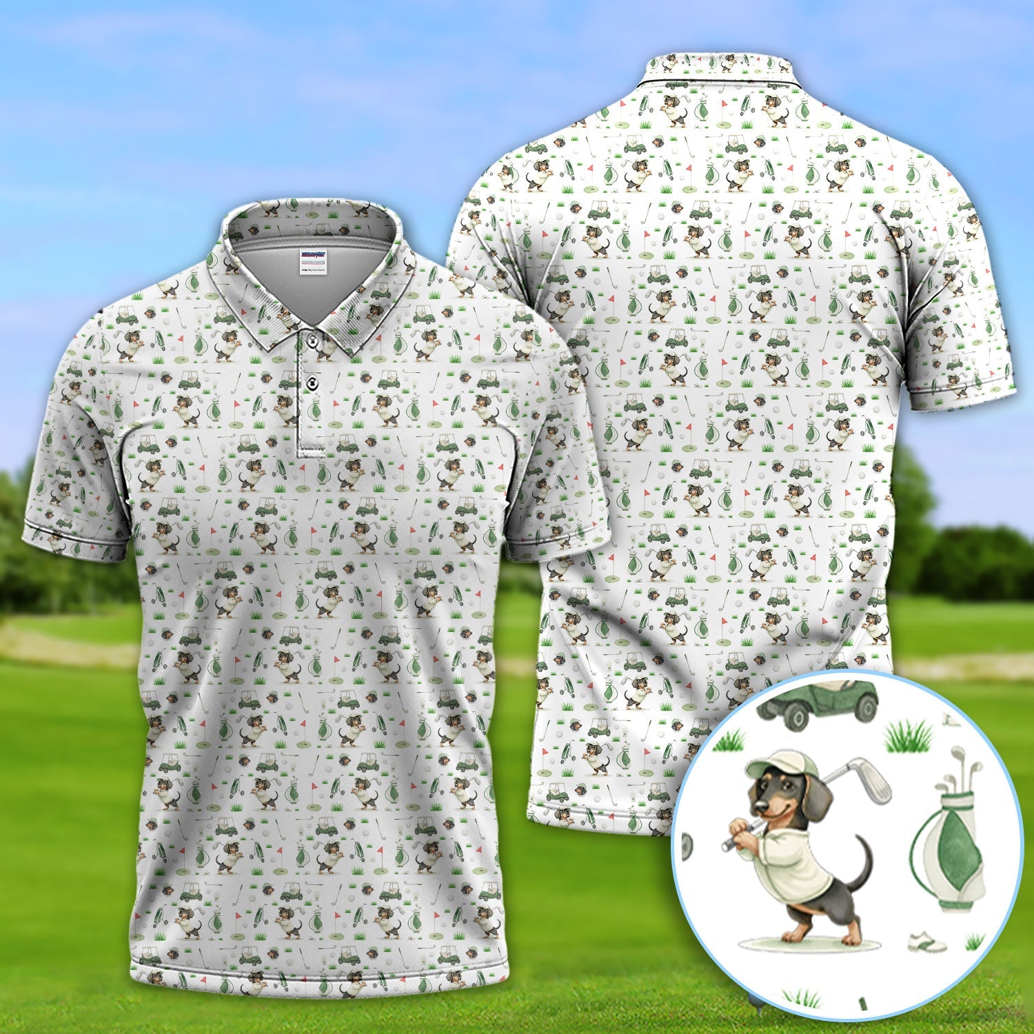 Funny Wiener Dog Golf Shirt, Dachshund Pattern Golf Polos, Crazy Golf Gift For Men
