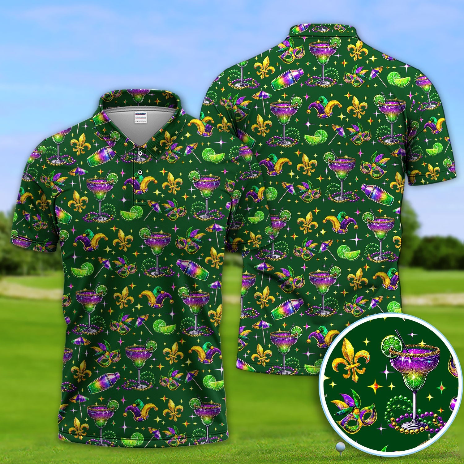 Funny Glitter Mardi Gras Pattern Golf Polos, Mardi Gras And Margaritas Golf Shirt For Men, Golf Gift For Golfer