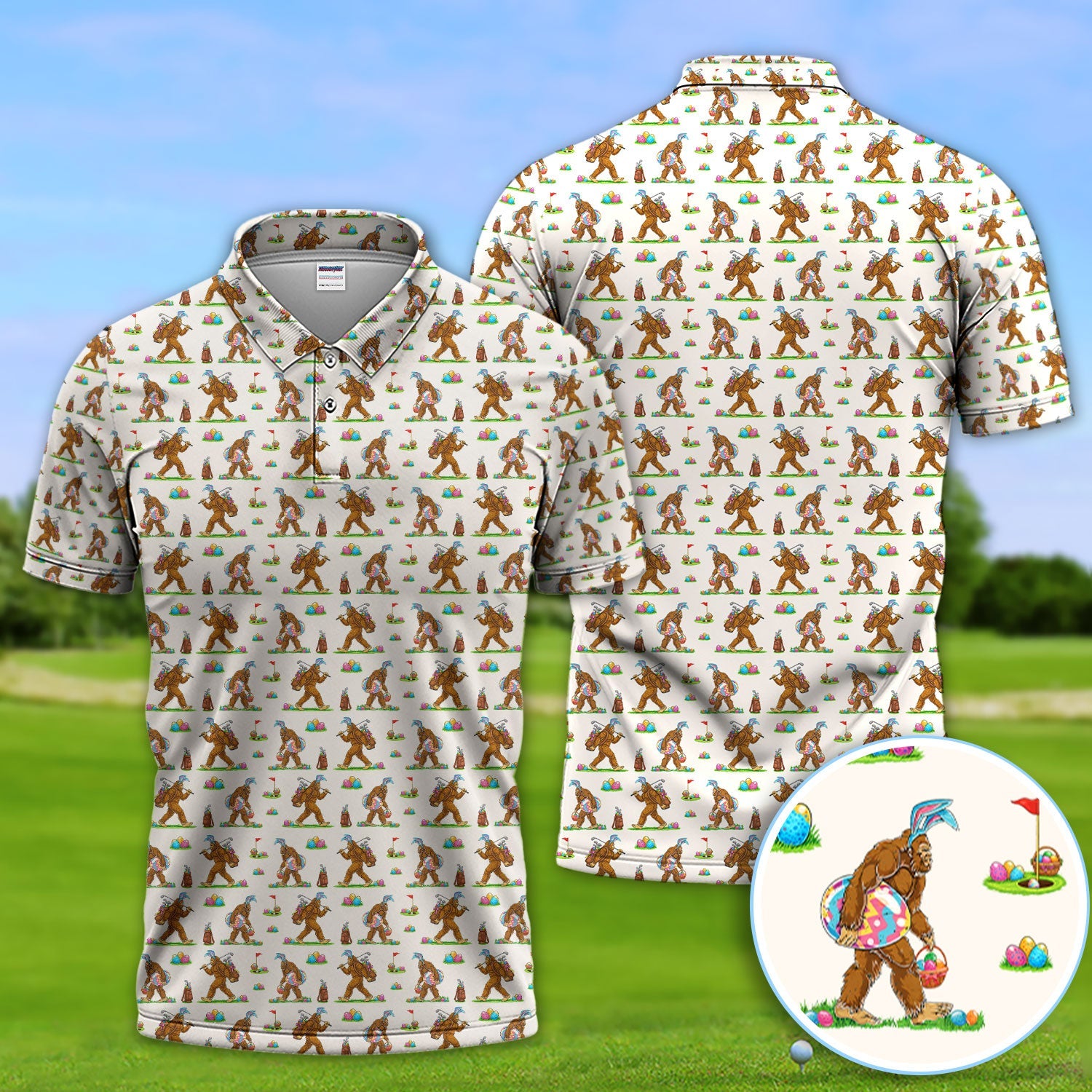 Bigfoot Easter Pattern Golf Polos, Bunny Sasquatch Golf Shirt For Men, Easter Day Shirt For Golfer