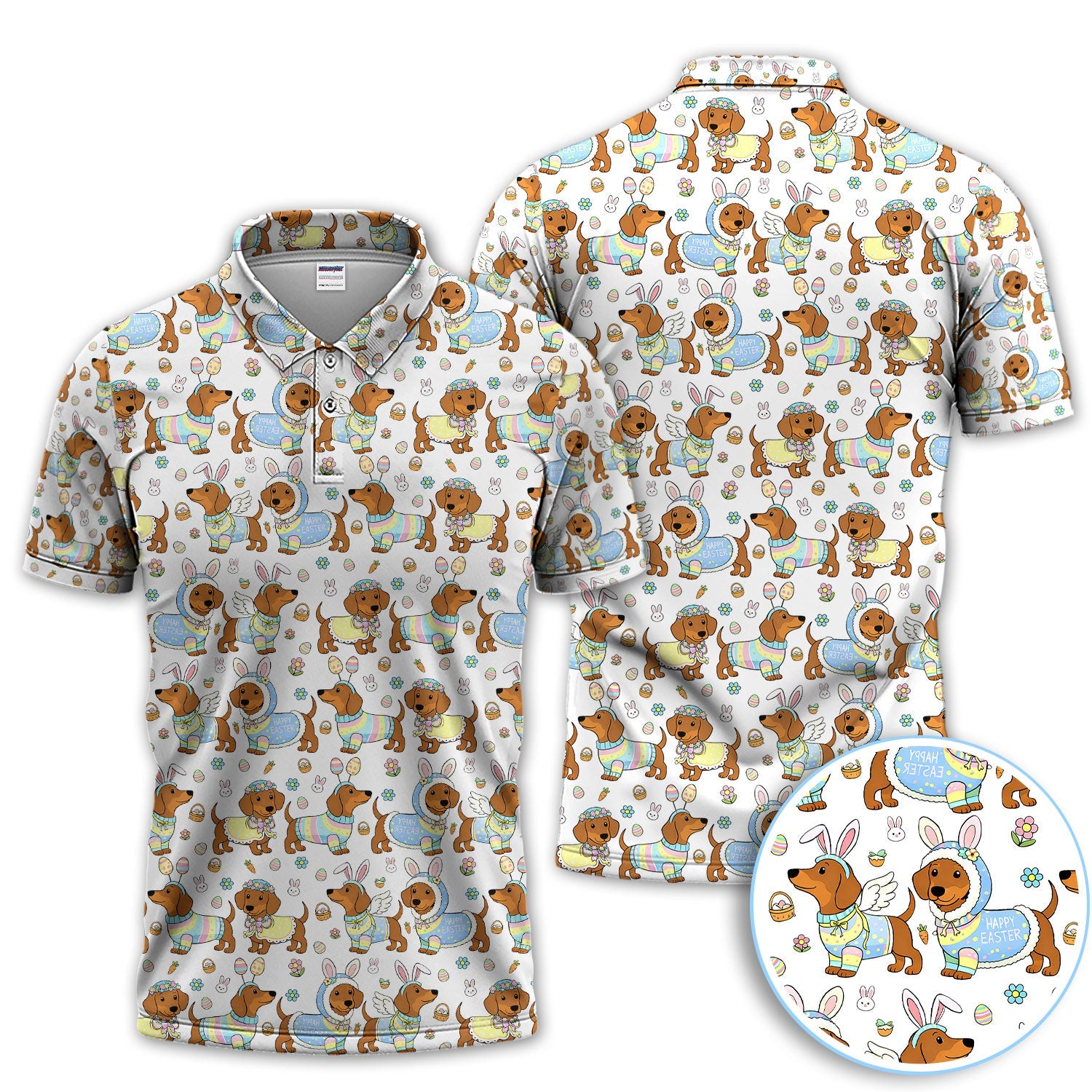 Dachshund Happy Easter Golf Polos, Easter Wiener Dog Pattern Golf Shirt, Golf Gift For Golfer