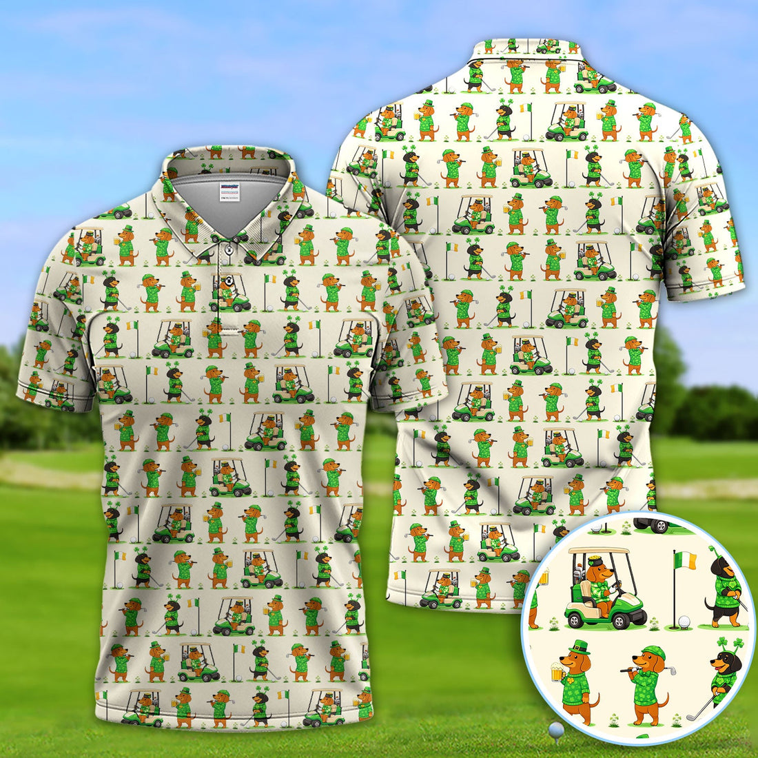 St. Patrick’s Day Dachshund Pattern Golf Polos, Funny Irish Wiener Dog Golf Shirt For Men, Golf Gift For Golfer