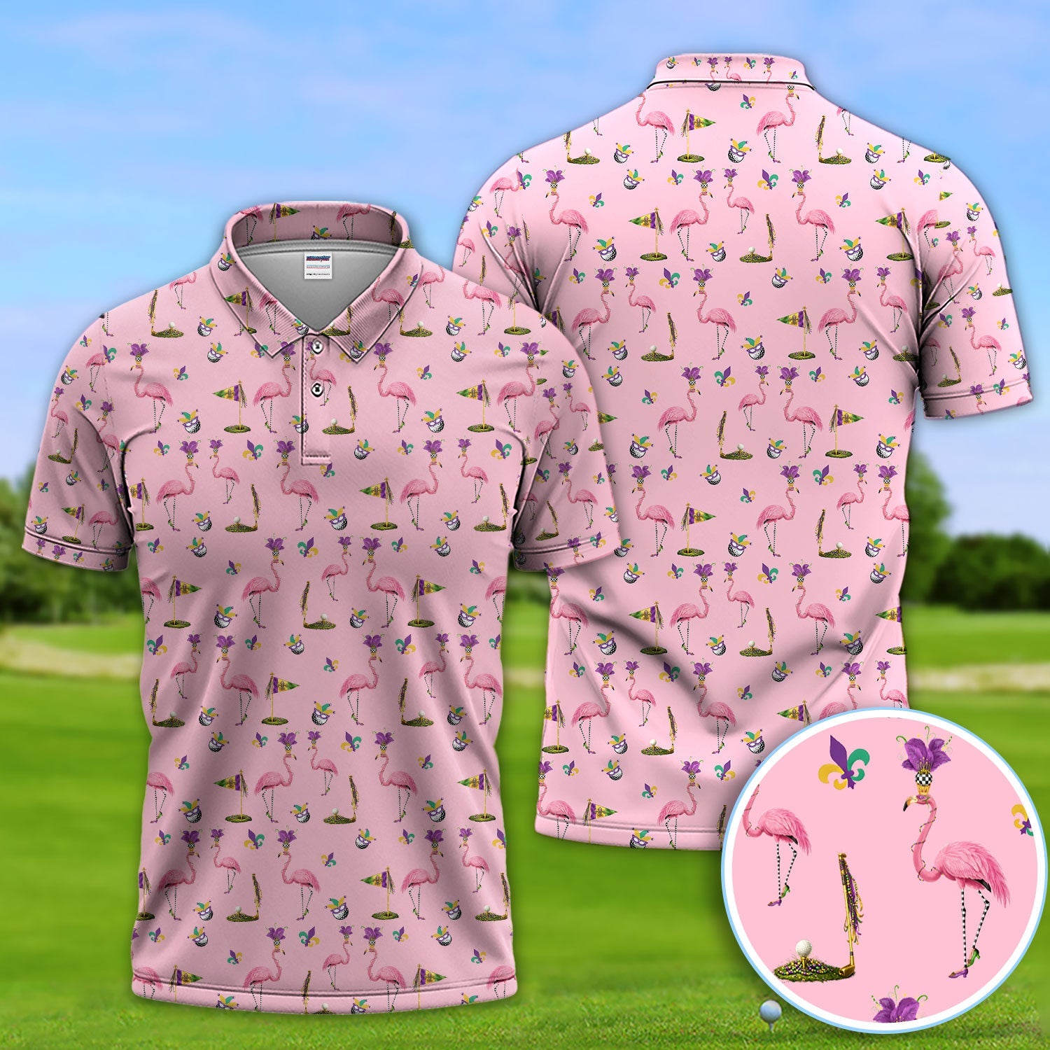 Flamingo Mardi Gras Golf Polos For Golfer, Funny Holiday Pattern Golf Shirt, Golf Gift For Men