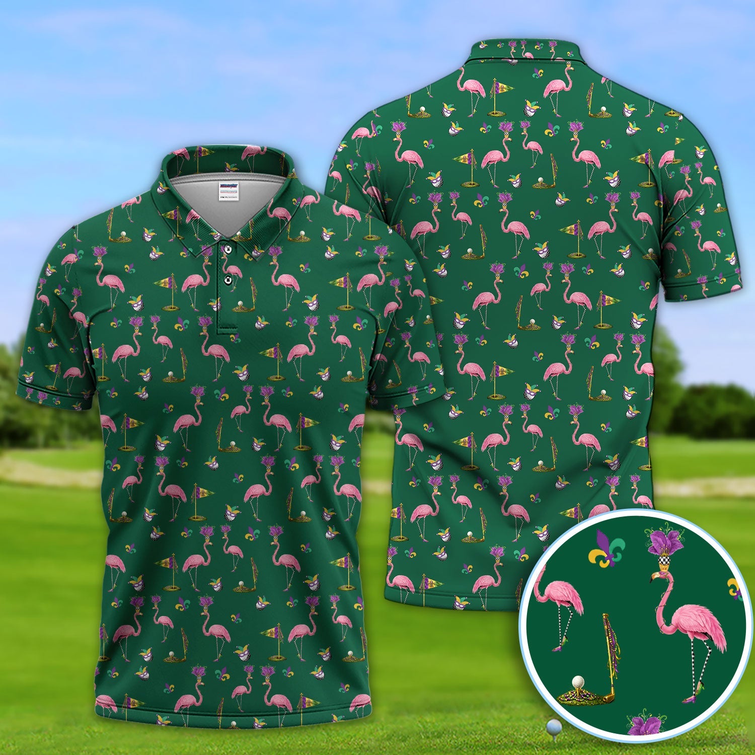 Flamingo Mardi Gras Golf Polos For Golfer, Funny Holiday Pattern Golf Shirt, Golf Gift For Men