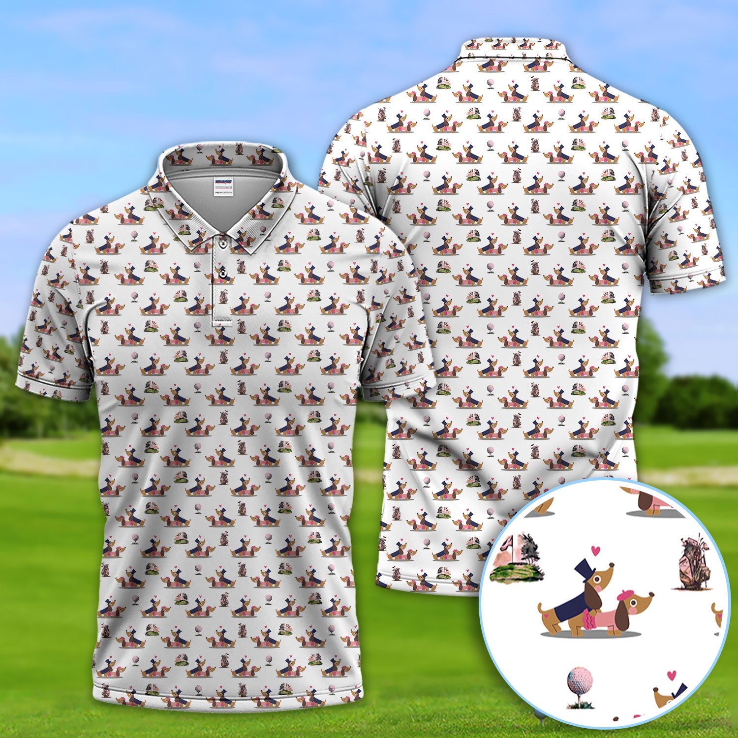 Dachshund Love Pattern Golf Shirt, Wiener Dog Golf Polos, Golf Gift For Golfer