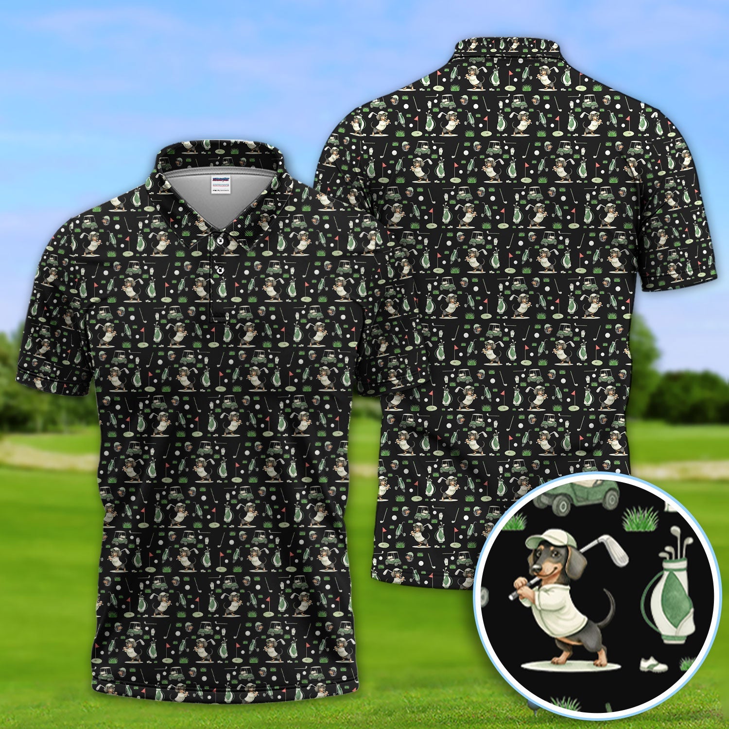 Funny Wiener Dog Golf Shirt, Dachshund Pattern Golf Polos, Crazy Golf Gift For Men