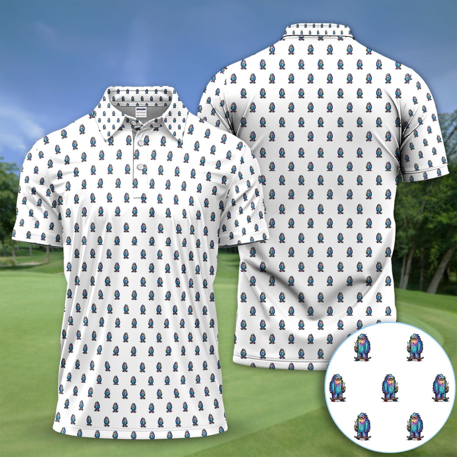 Funny Yeti Pattern Golf Polos, Bigfoot Coffee Skateboard Golf Shirt, Crazy Golf Shirts For Men