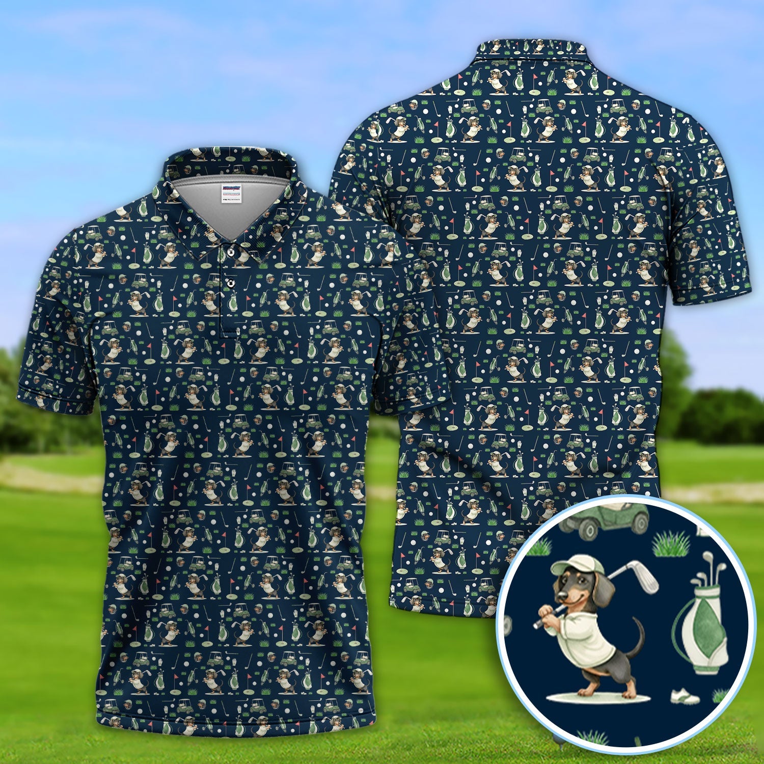 Funny Wiener Dog Golf Shirt, Dachshund Pattern Golf Polos, Crazy Golf Gift For Men