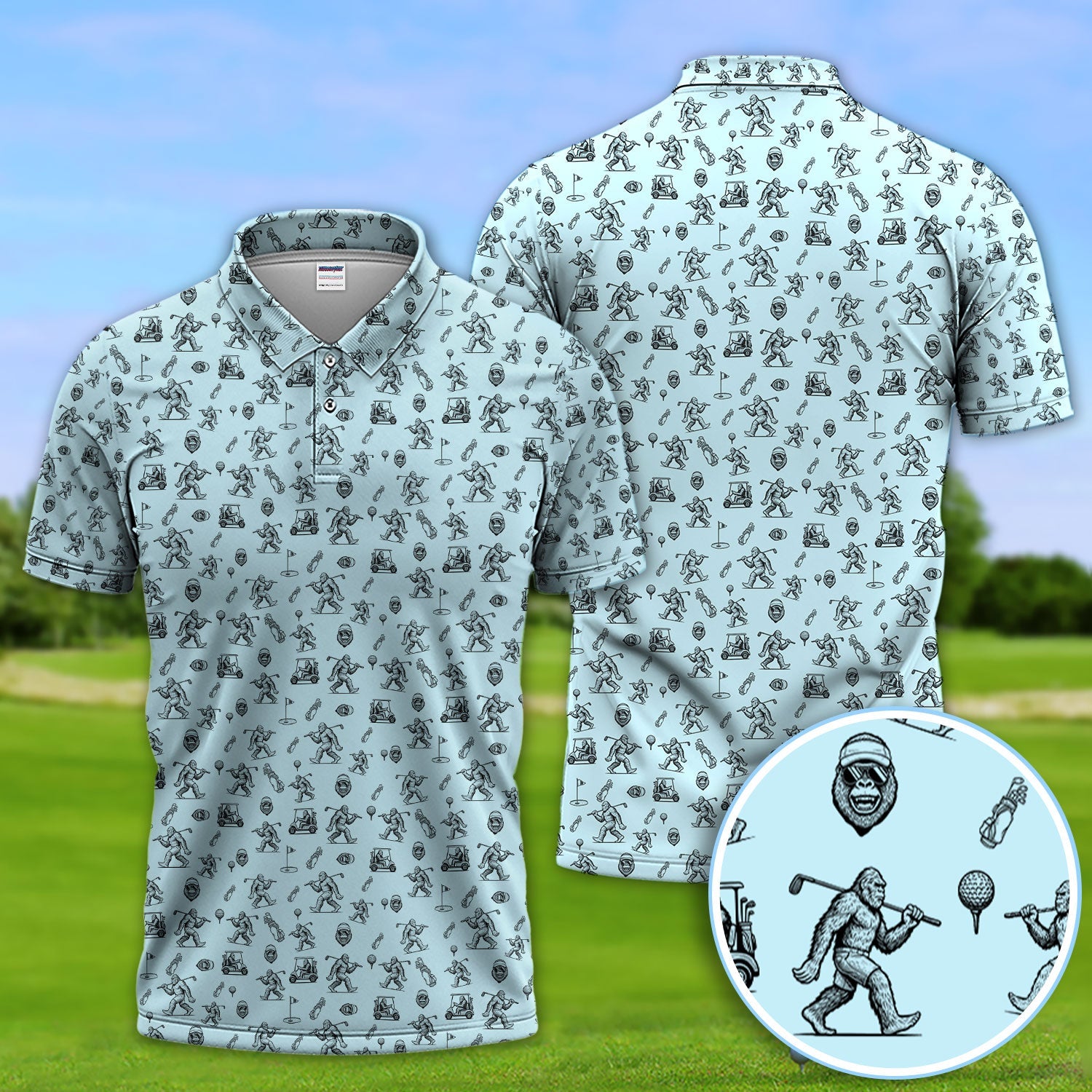 Squatch Bigfoot Pattern Golf Shirt, Funny Bigfoot Golf Polos, Golf Gift For Men