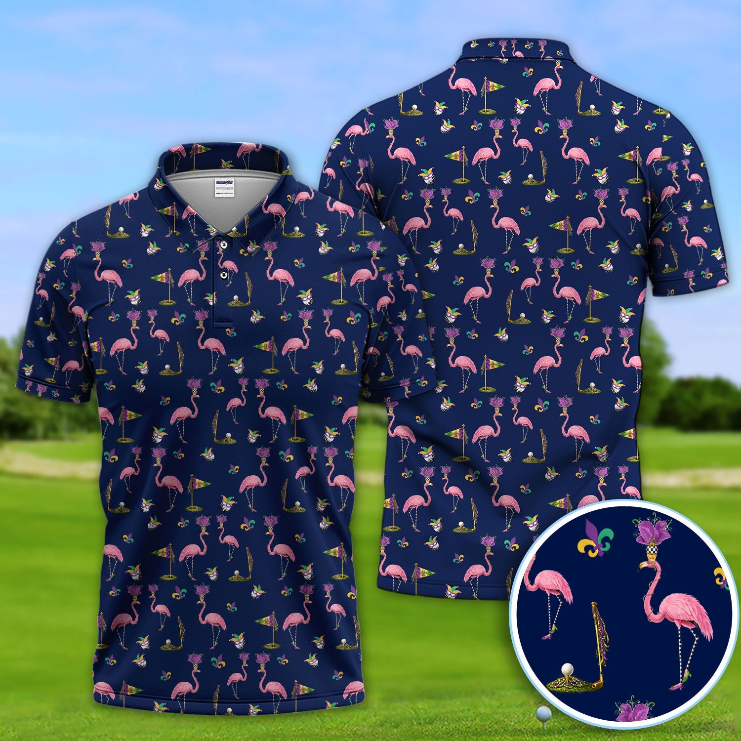 Flamingo Mardi Gras Golf Polos For Golfer, Funny Holiday Pattern Golf Shirt, Golf Gift For Men