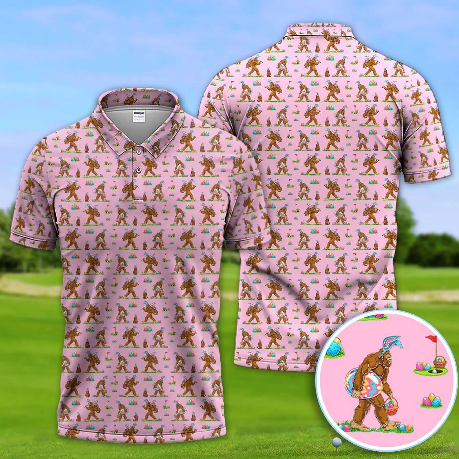 Bigfoot Easter Pattern Golf Polos, Bunny Sasquatch Golf Shirt For Men, Easter Day Shirt For Golfer