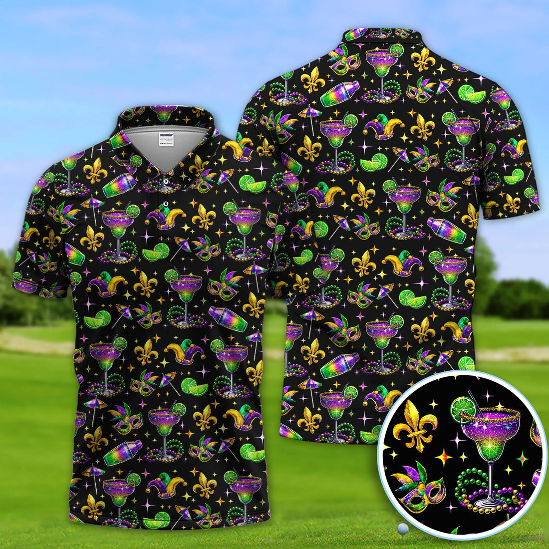 Funny Glitter Mardi Gras Pattern Golf Polos, Mardi Gras And Margaritas Golf Shirt For Men, Golf Gift For Golfer
