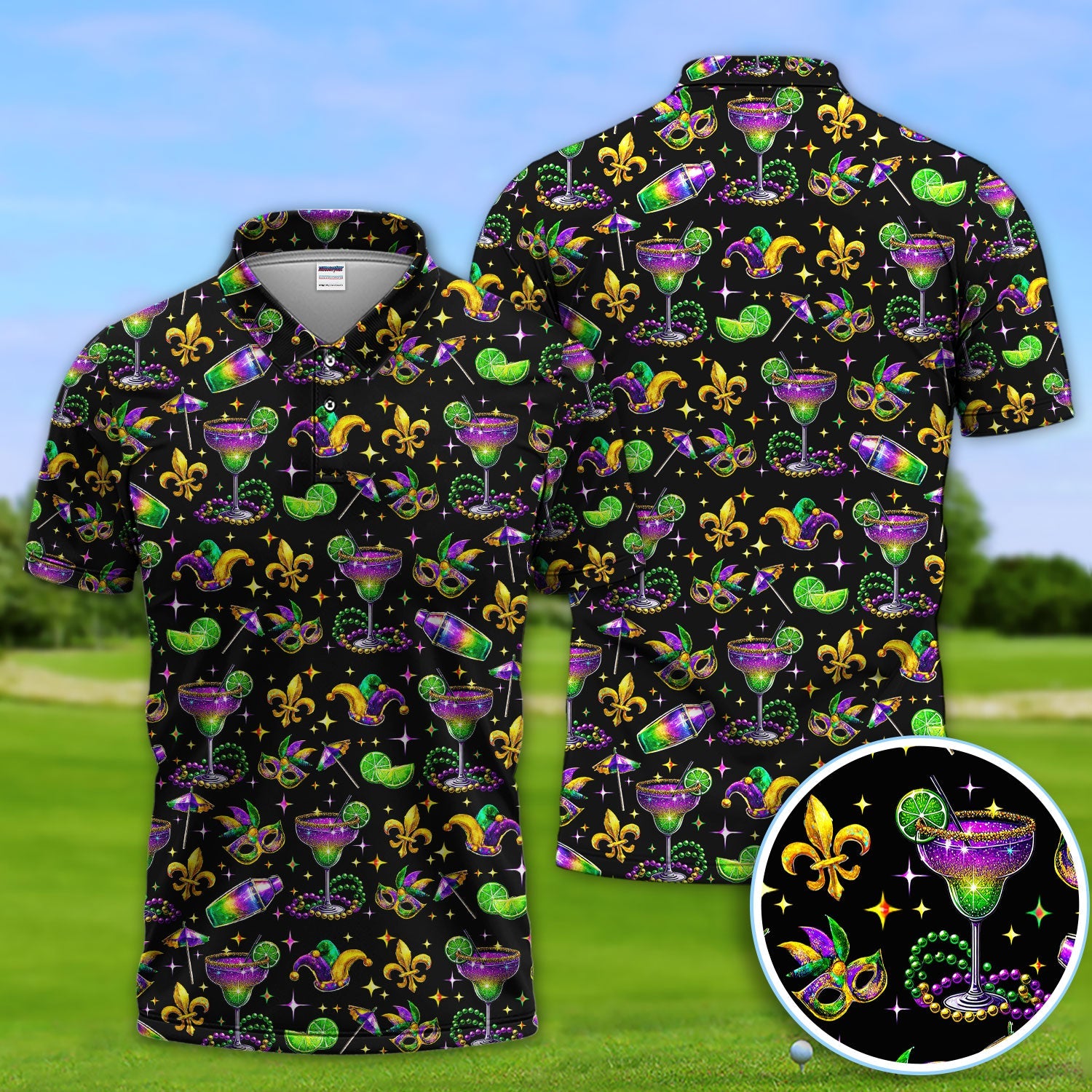 Funny Glitter Mardi Gras Pattern Golf Polos, Mardi Gras And Margaritas Golf Shirt For Men, Golf Gift For Golfer