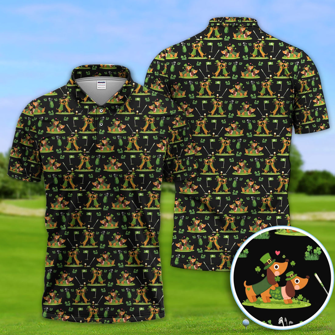 Cute Dachshund St Patrick Pattern Golf Shirt, Wiener Dog Golf Shirt, Golf Gift For Men