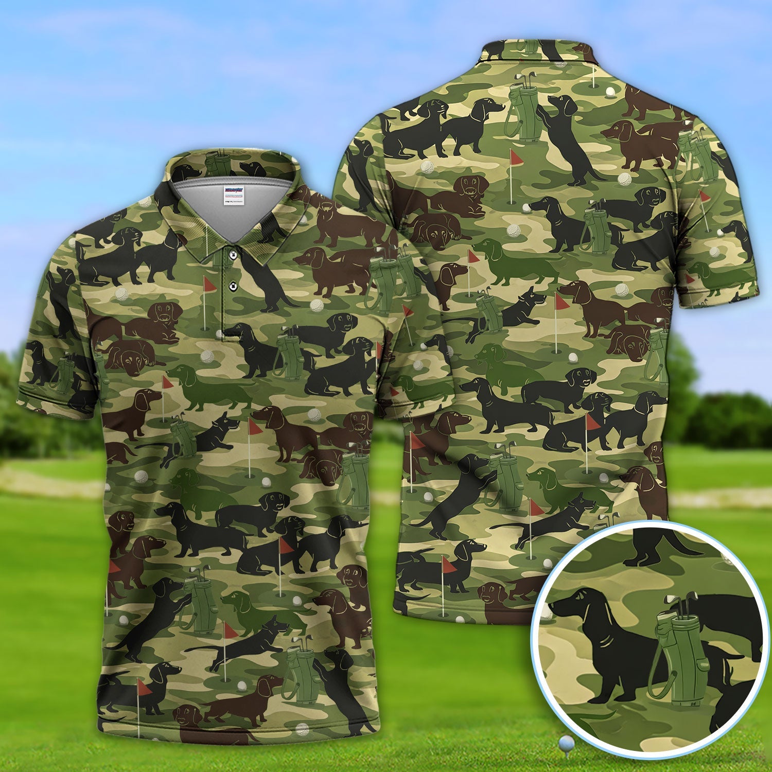 Dachshund Camo Pattern Golf Polos, Crazy Wiener Dog Golf Shirt, Funny Golf Gift For Golfer