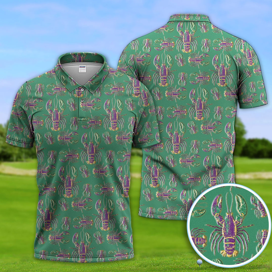 Mardi Gras Crawfish Pattern Golf Polos, Crazy Louisiana Crawfish Golf Shirt For Men, Golf Gift For Golfer