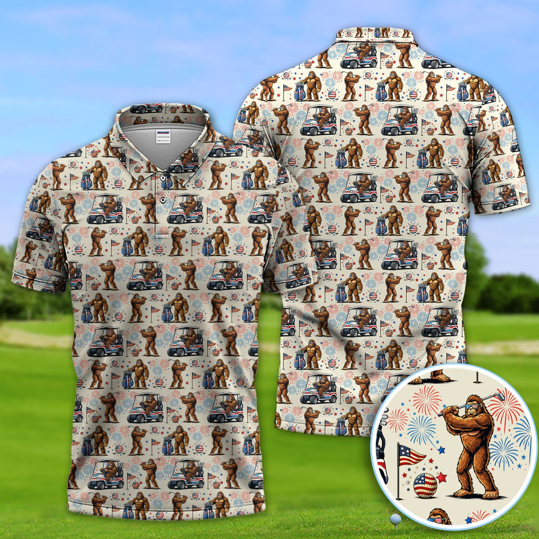 Funny Bigfoot Golf Polos For Golfer, Sasquatch Patriotic USA Pattern Golf Shirt, Golf Gift For Men
