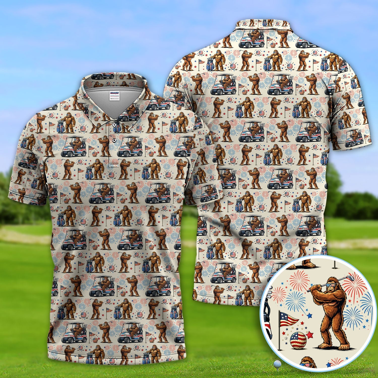 Funny Bigfoot Golf Polos For Golfer, Sasquatch Patriotic USA Pattern Golf Shirt, Golf Gift For Men