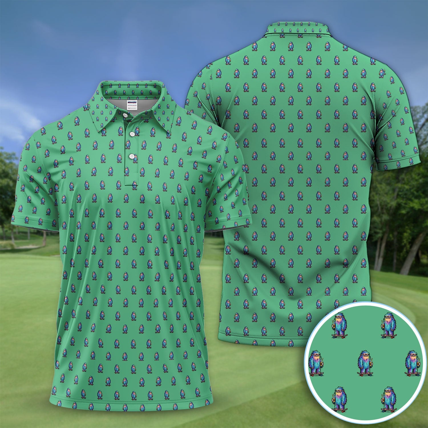 Funny Yeti Pattern Golf Polos, Bigfoot Coffee Skateboard Golf Shirt, Crazy Golf Shirts For Men