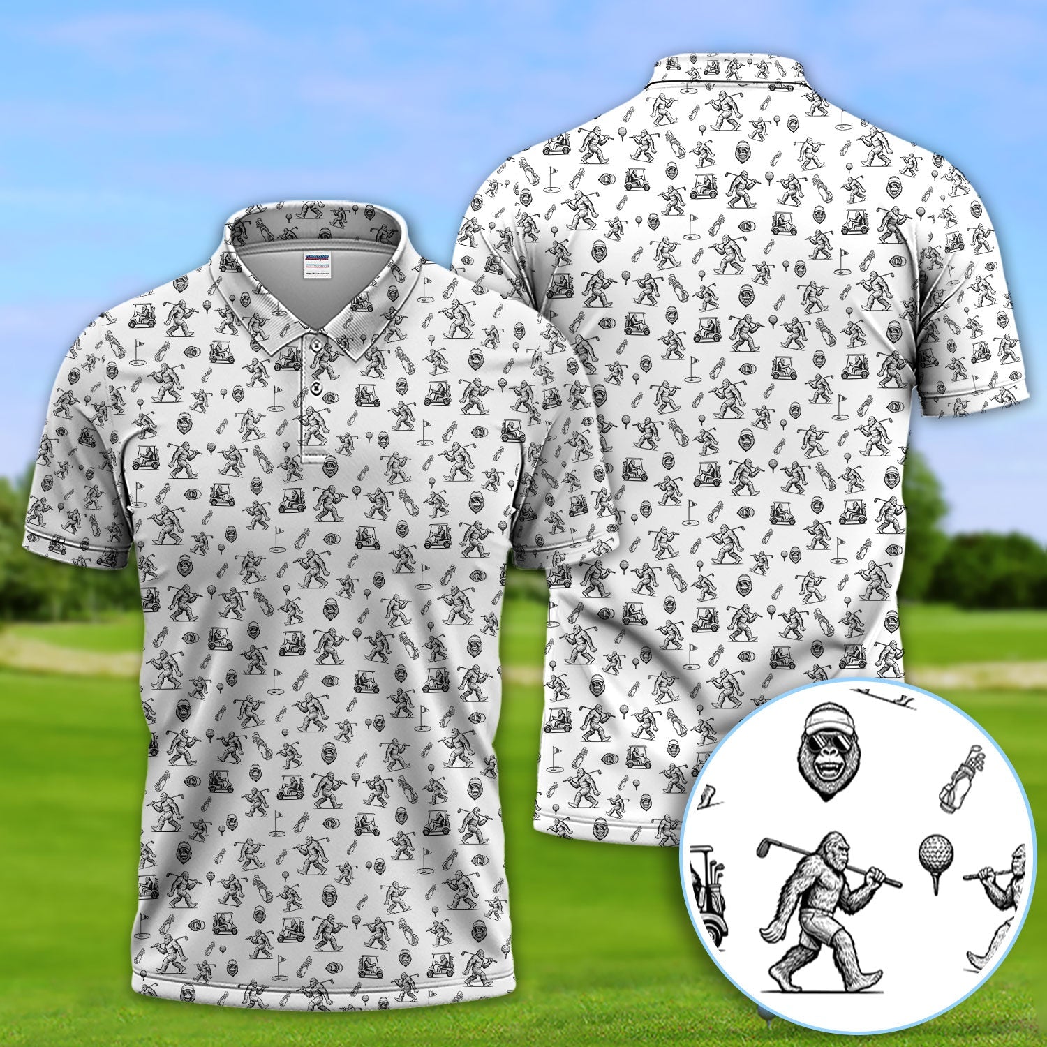 Squatch Bigfoot Pattern Golf Shirt, Funny Bigfoot Golf Polos, Golf Gift For Men