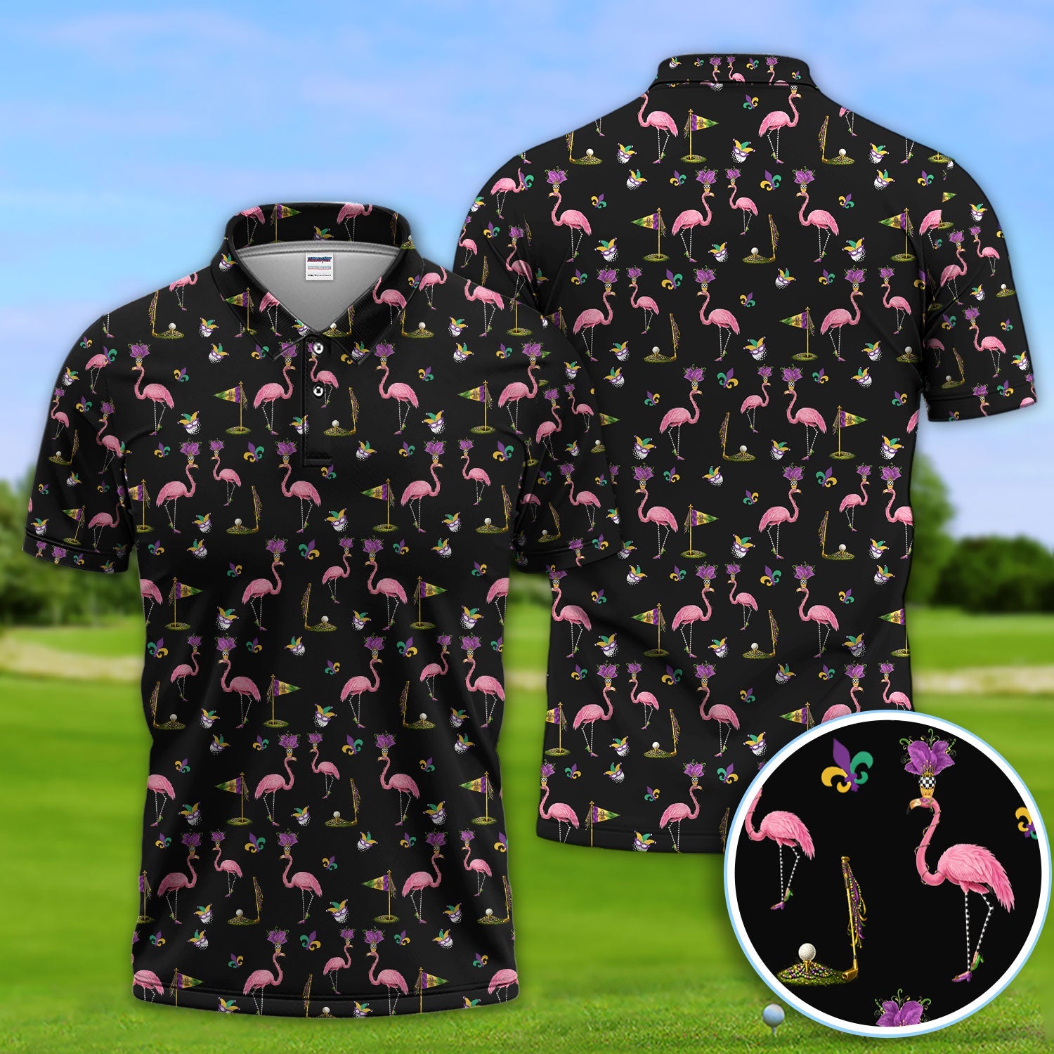 Flamingo Mardi Gras Golf Polos For Golfer, Funny Holiday Pattern Golf Shirt, Golf Gift For Men