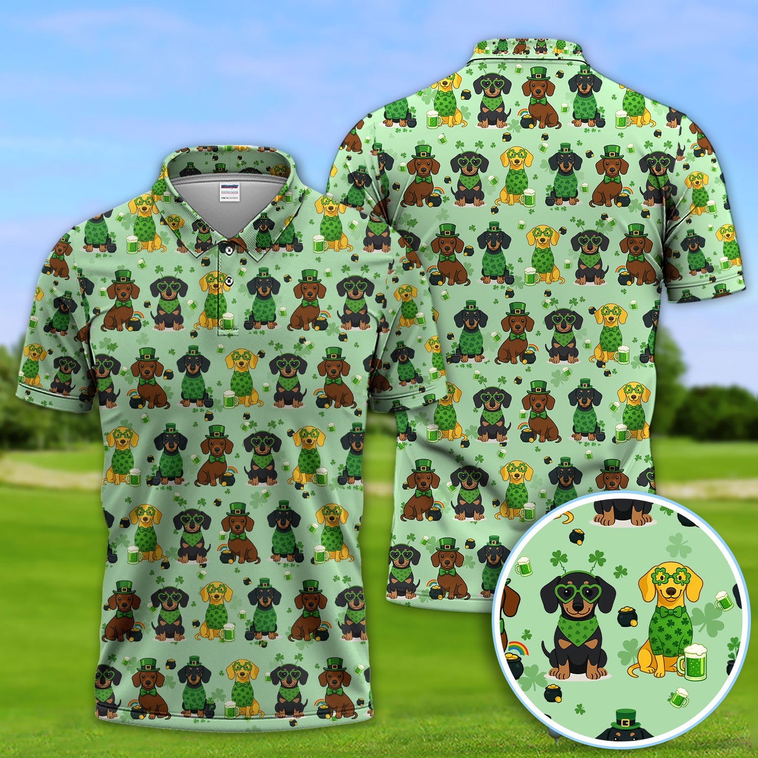 St. Patrick’s Day Dachshund Dog Pattern Golf Shirt, Funny Shamrock Dog Golf Polos For Men, Golf Gift For Golfer