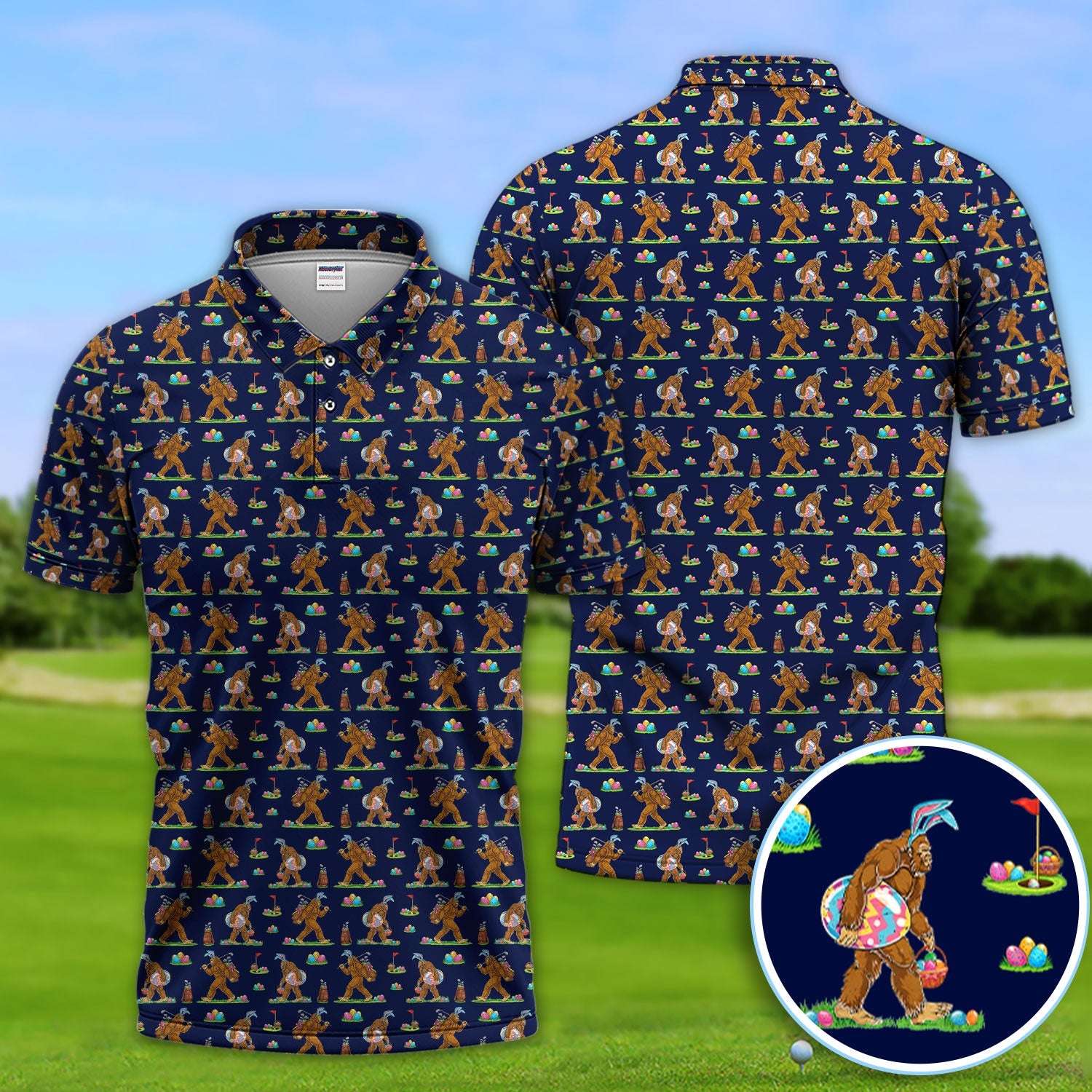 Bigfoot Easter Pattern Golf Polos, Bunny Sasquatch Golf Shirt For Men, Easter Day Shirt For Golfer