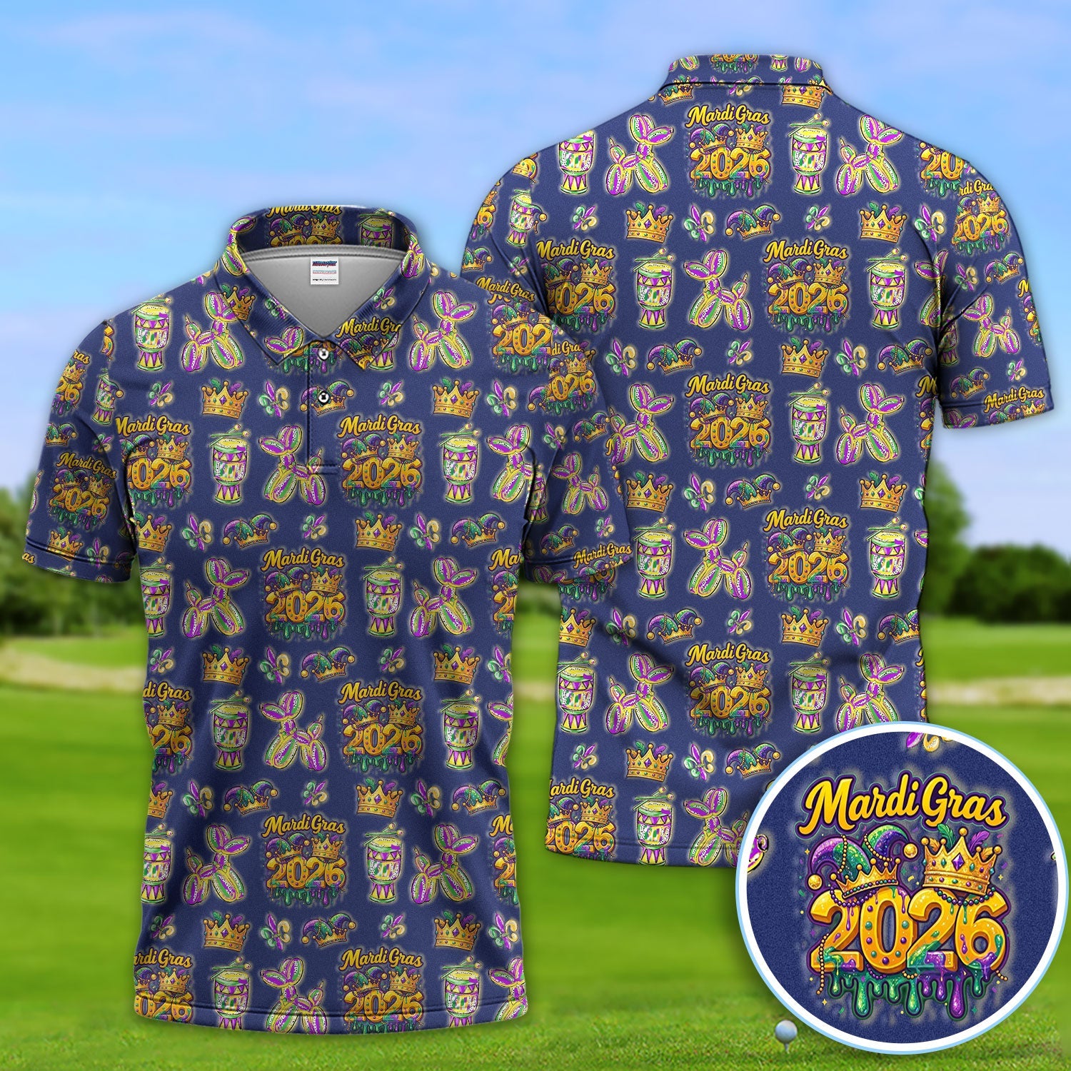 Mardi Gras 2026 Golf Polos For Golfer, Festive Crown Mask Pattern Golf Shirt, Golf Gift For Men