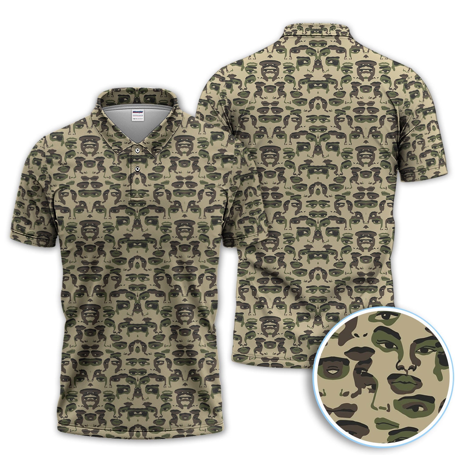 Camo Face Art Pattern Polo Shirt, Crazy Golf Polos For Golfer, Men Golf Gift