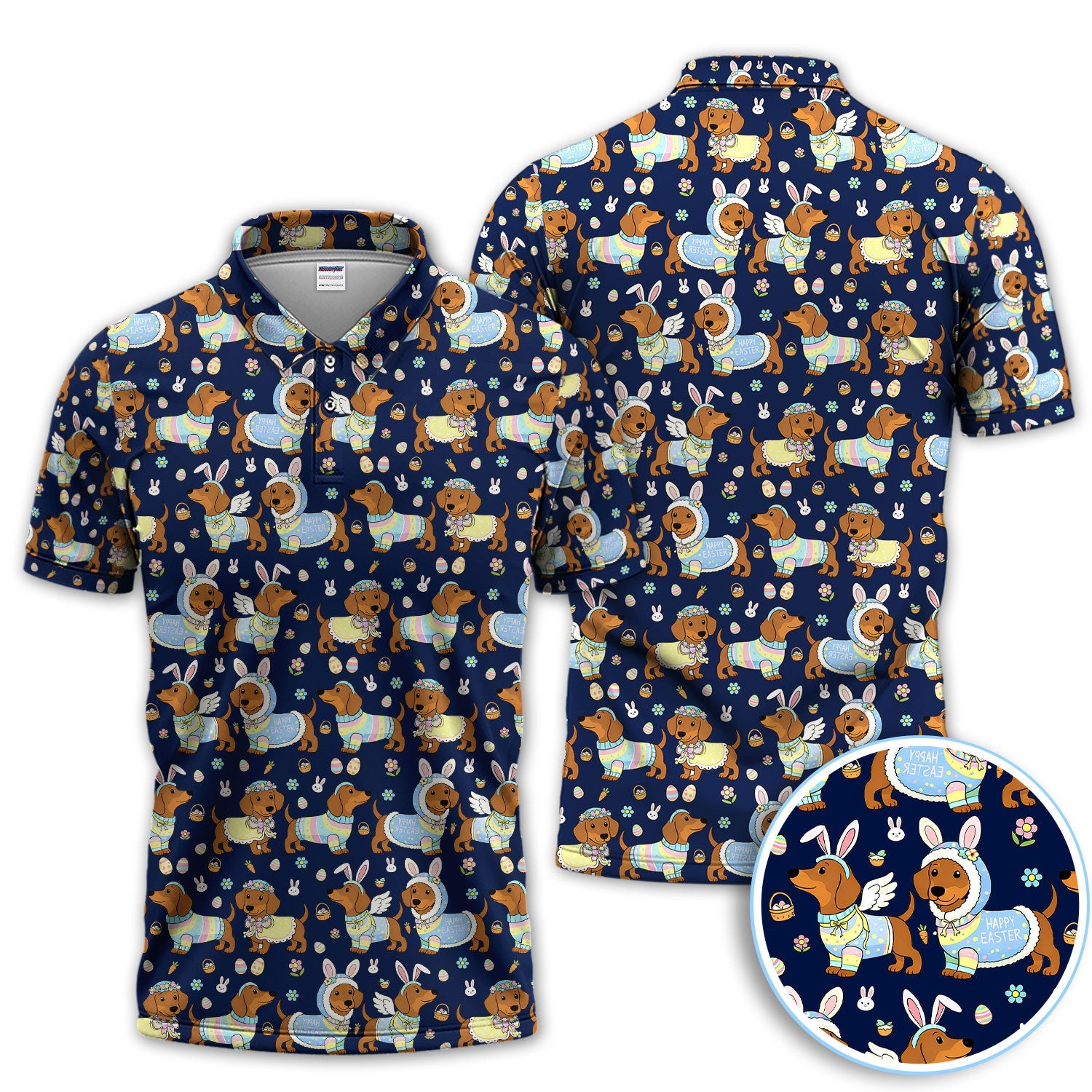 Dachshund Happy Easter Golf Polos, Easter Wiener Dog Pattern Golf Shirt, Golf Gift For Golfer