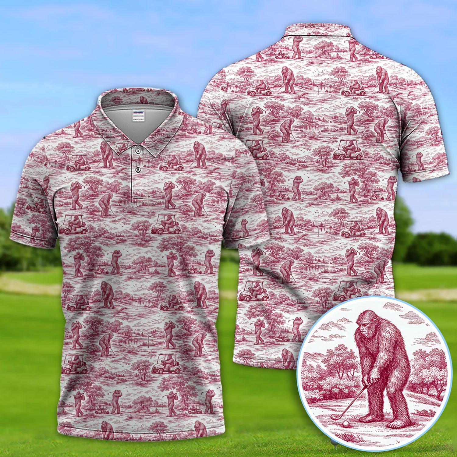 Crazy Bigfoot Pattern Golf Polos, Funny Sasquatch Golf Shirt For Men, Golf Gift For Golfer