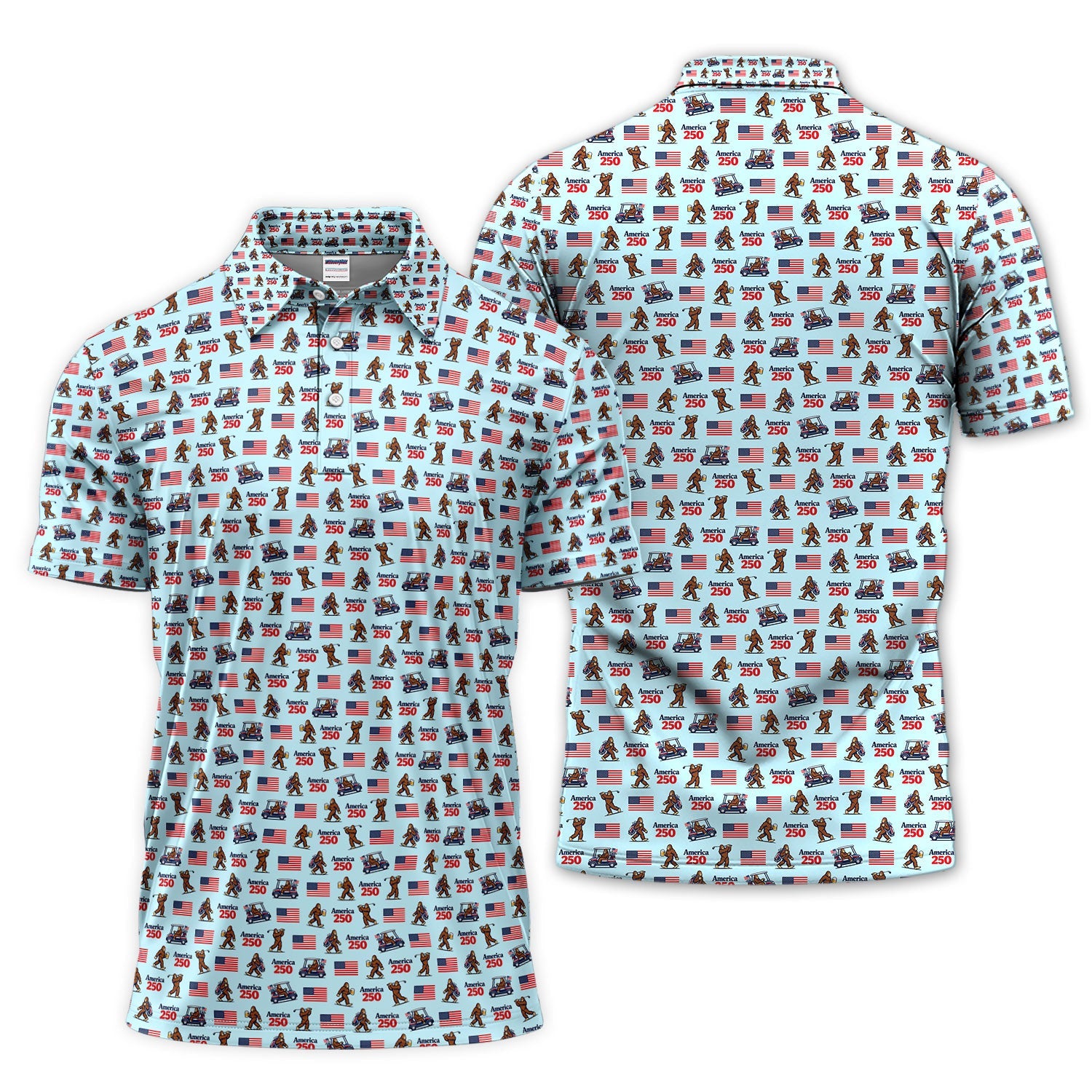Bigfoot America 250 Pattern Golf Polos, Crazy Bigfoot Golf Shirt For Men, Funny Golf Shirt