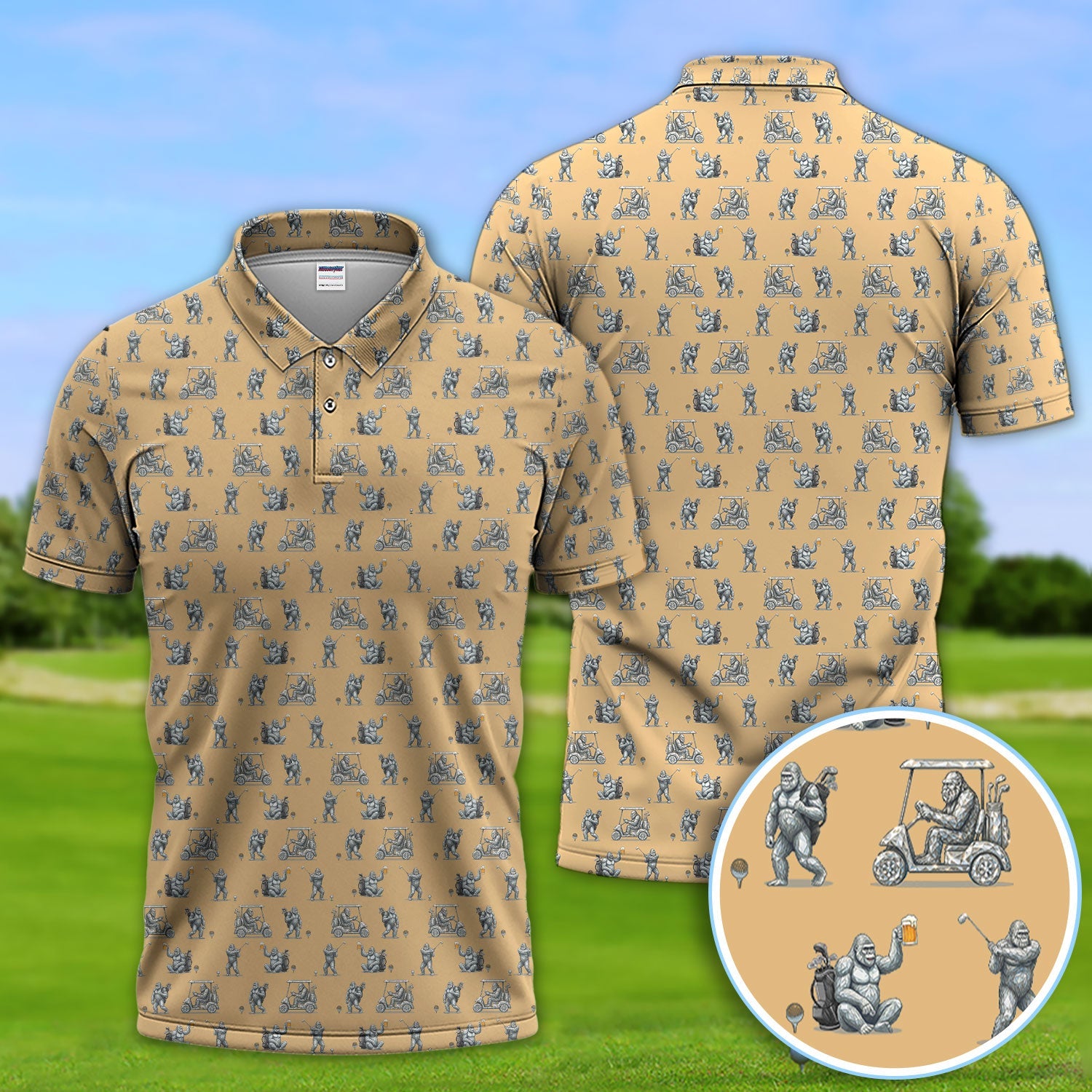 Funny Bigfoot Pattern Golf Shirt, Squatch Bigfoot Golf Polos, Crazy Golf Gift For Men