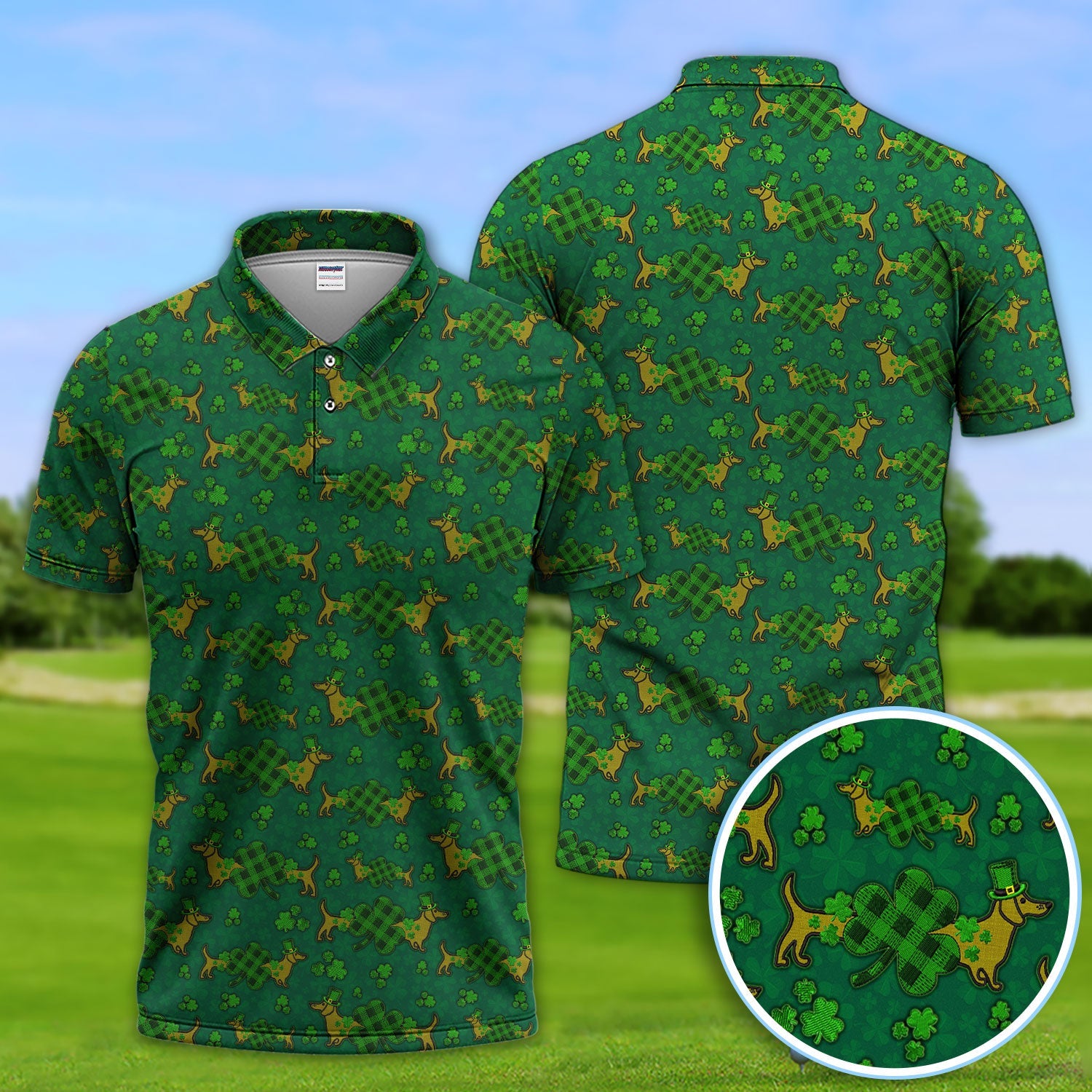 St. Patrick’s Day Golf Polos, Funny Dachshund Shamrock Golf Shirt For Men, Crazy Golf Gift For Golfer