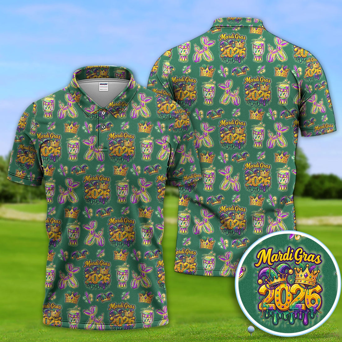 Mardi Gras 2026 Golf Polos For Golfer, Festive Crown Mask Pattern Golf Shirt, Golf Gift For Men