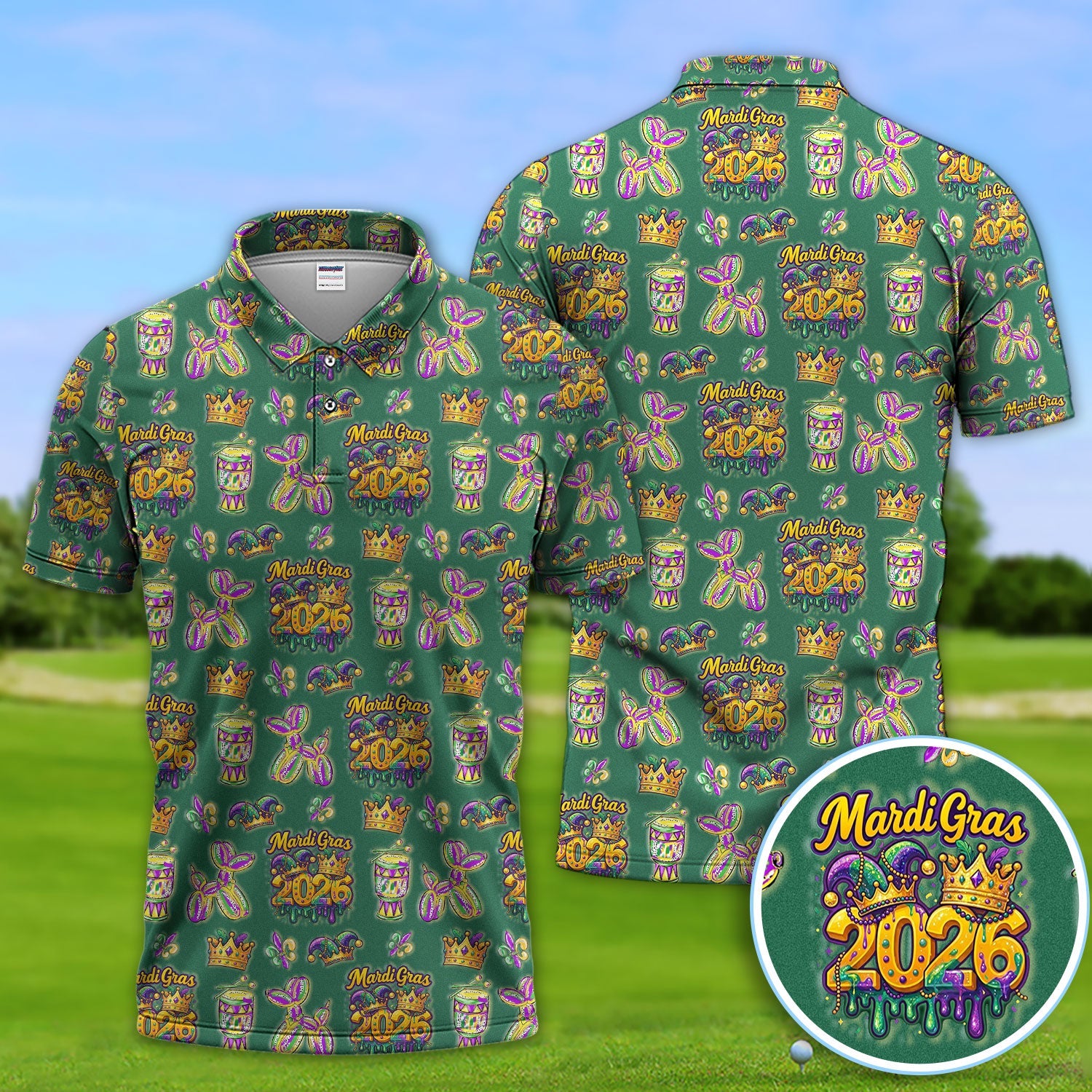Mardi Gras 2026 Golf Polos For Golfer, Festive Crown Mask Pattern Golf Shirt, Golf Gift For Men